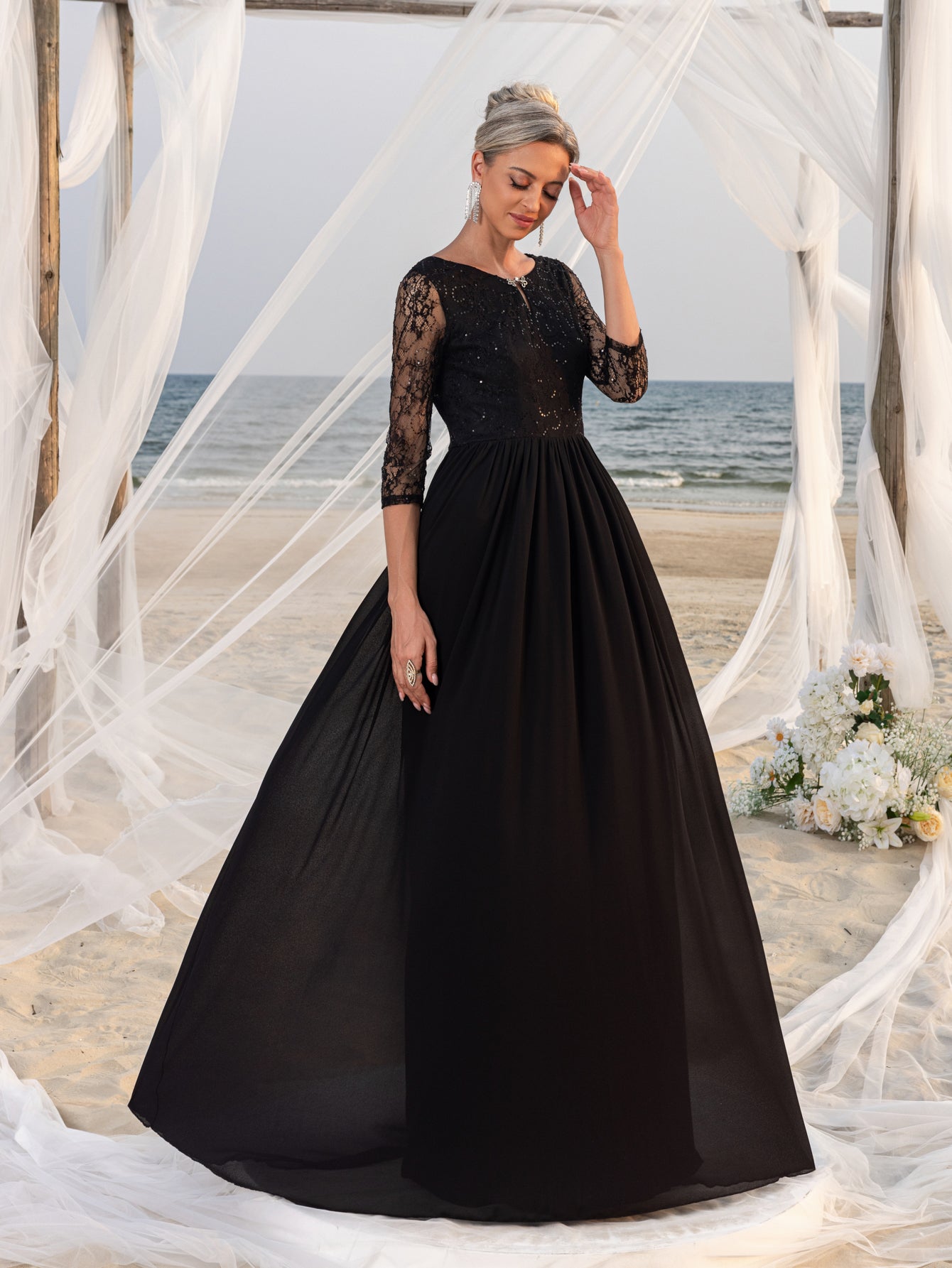 Womens' Lace Bodice & Chiffon Skirt Mother-of-the-Bride Formal Dress Black / M