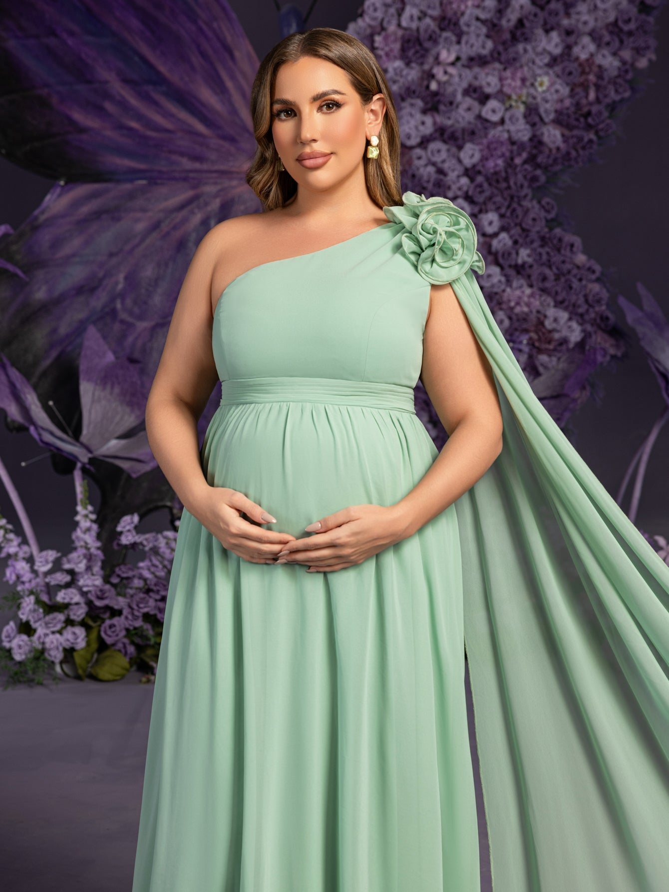 Plus Matenity One-Shoulder Chiffon Gown with Floral Appliqué & Floor-Length Train – Elegant 1XL-5XL Pregnancy Dress