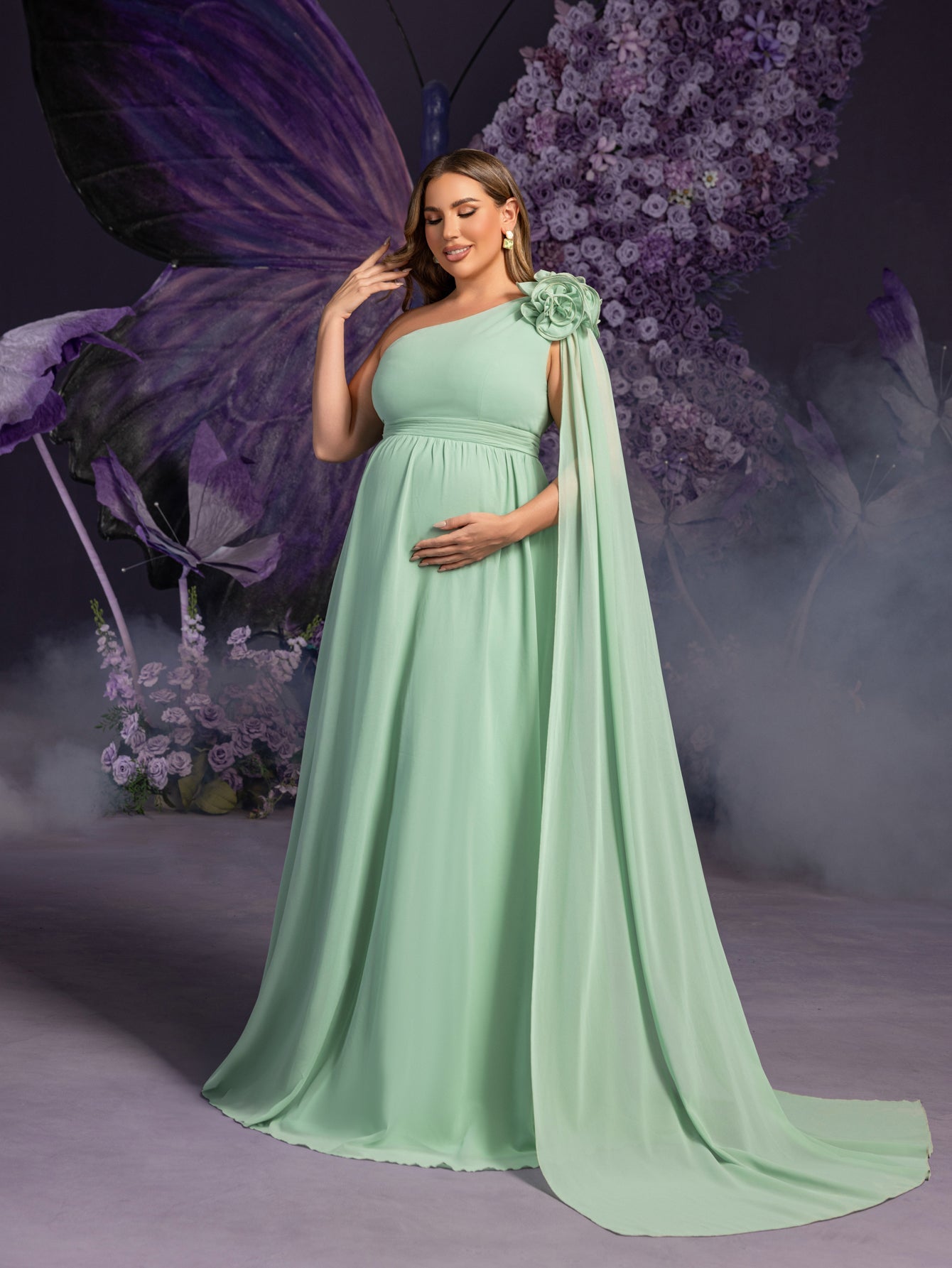 Plus Matenity One-Shoulder Chiffon Gown with Floral Appliqué & Floor-Length Train – Elegant 1XL-5XL Pregnancy Dress
