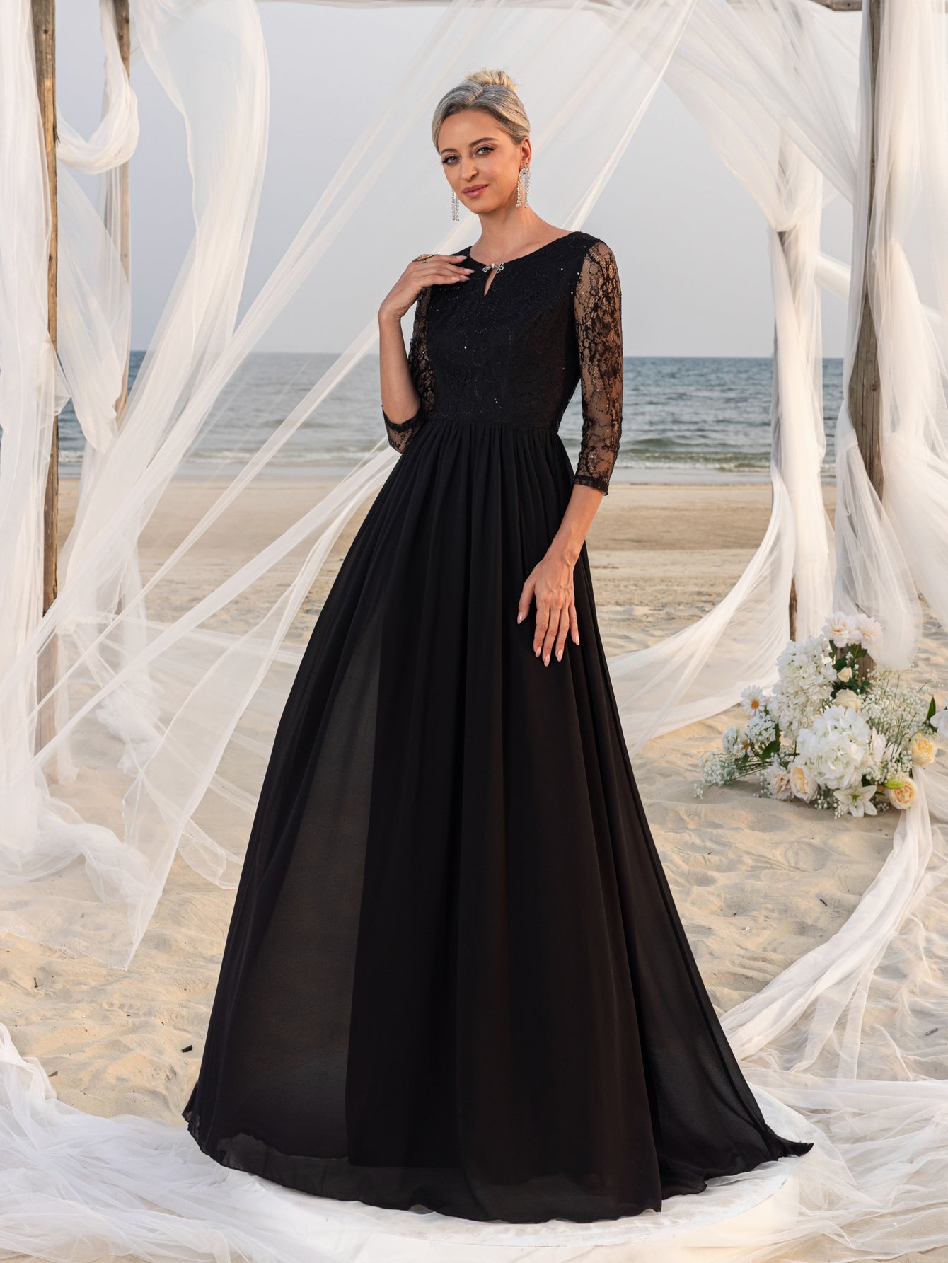 Womens' Lace Bodice & Chiffon Skirt Mother-of-the-Bride Formal Dress Black / M Womens' Lace Bodice & Chiffon Skirt Mother-of-the-Bride Formal Dress Black / M