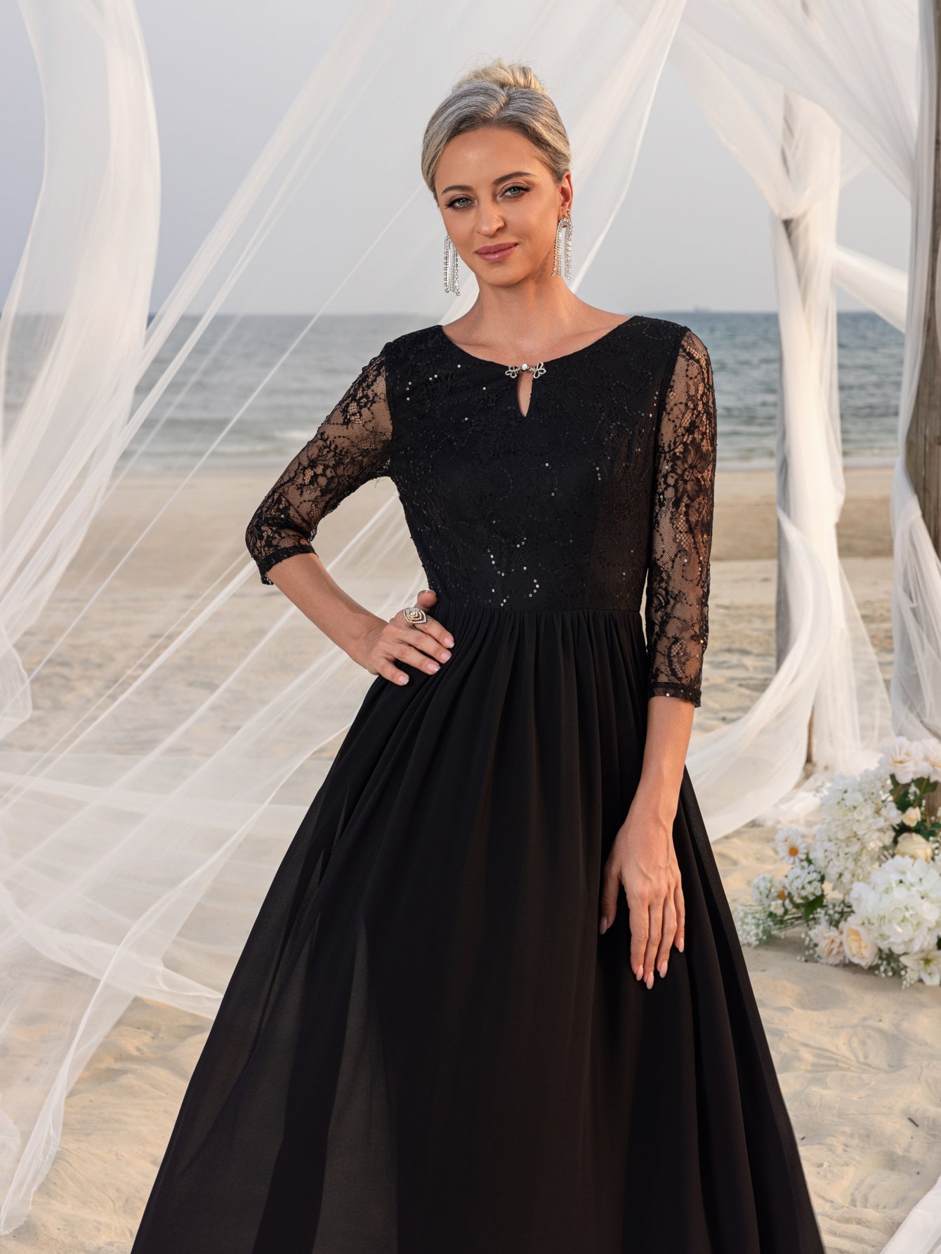 Womens' Lace Bodice & Chiffon Skirt Mother-of-the-Bride Formal Dress