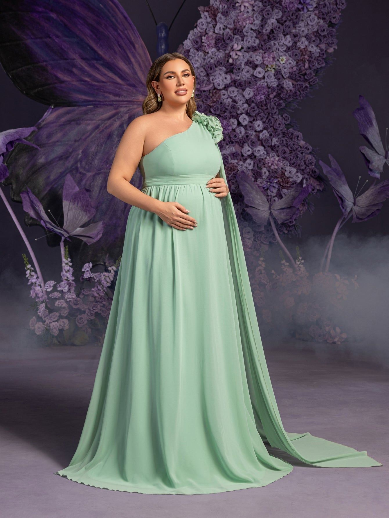 Plus Matenity One-Shoulder Chiffon Gown with Floral Appliqué & Floor-Length Train – Elegant 1XL-5XL Pregnancy Dress