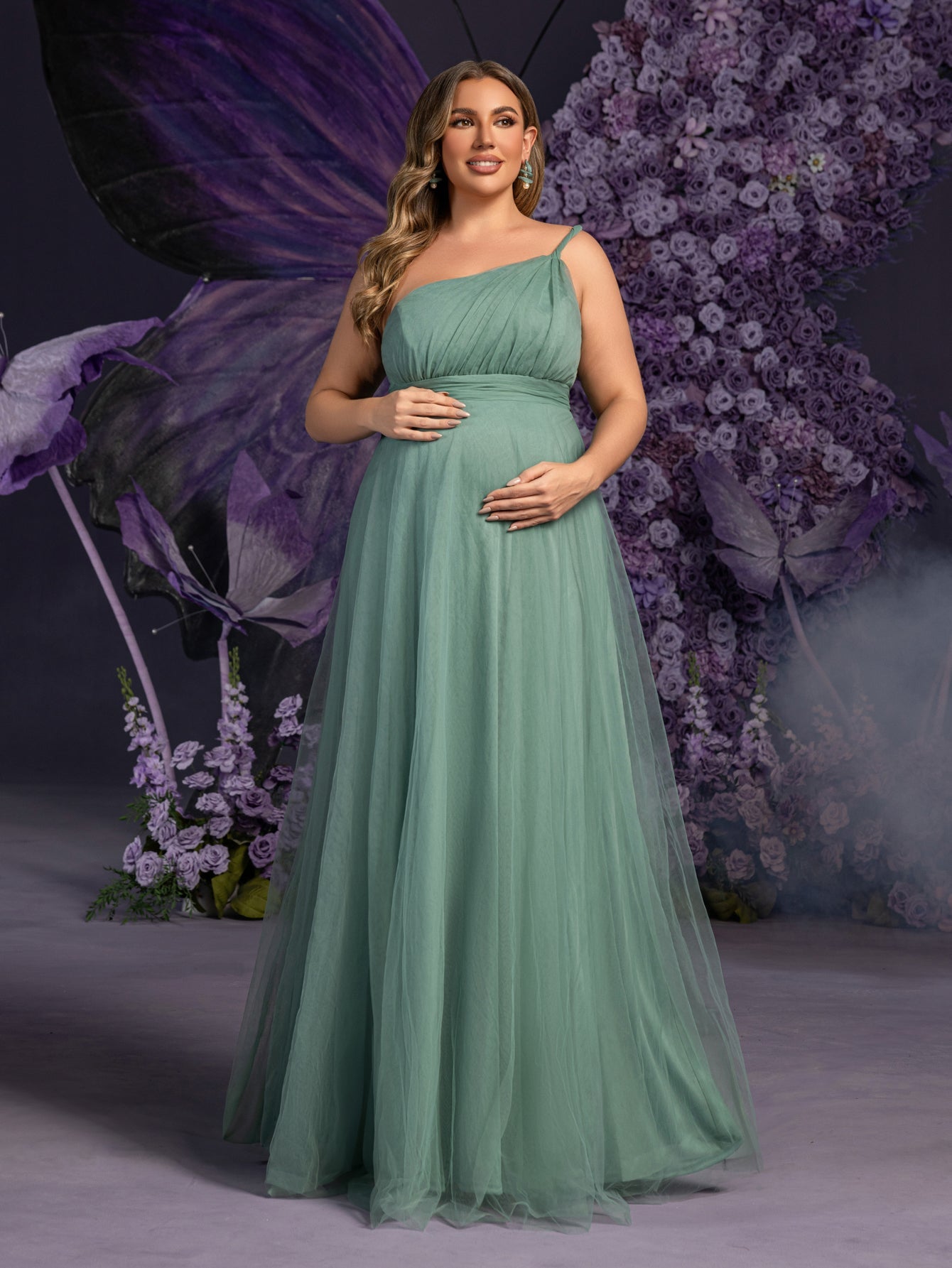 Plus Maternity  Solid One Shoulder Sleeveless Mesh Party Dress