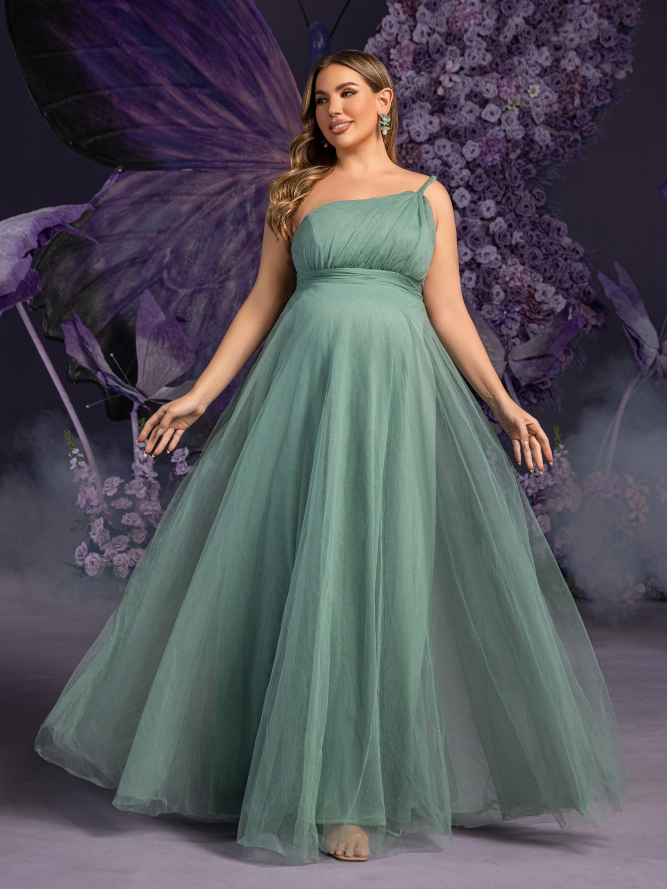 Plus Maternity  Solid One Shoulder Sleeveless Mesh Party Dress