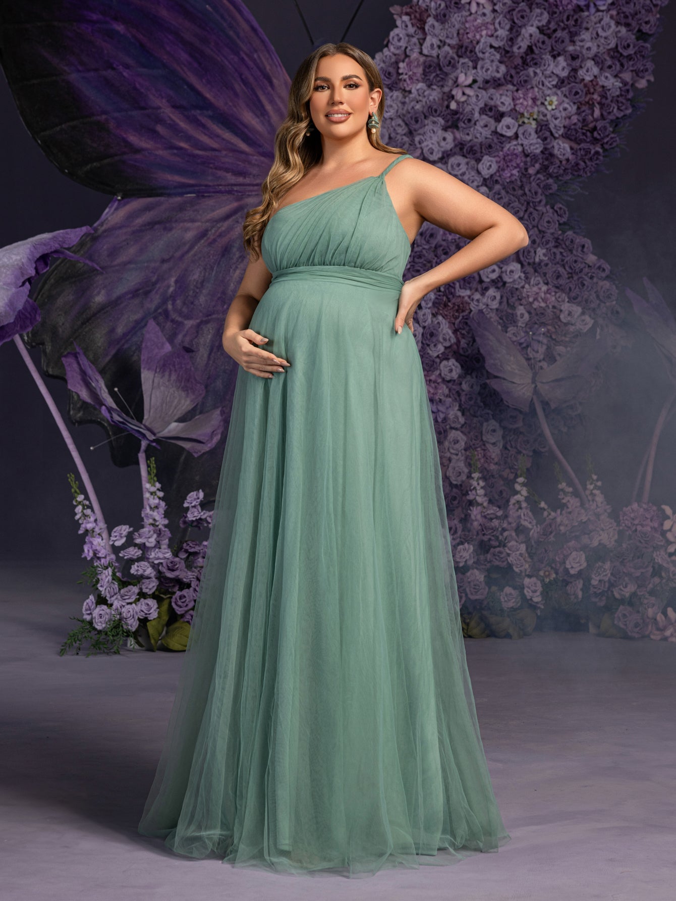 Plus Maternity  Solid One Shoulder Sleeveless Mesh Party Dress