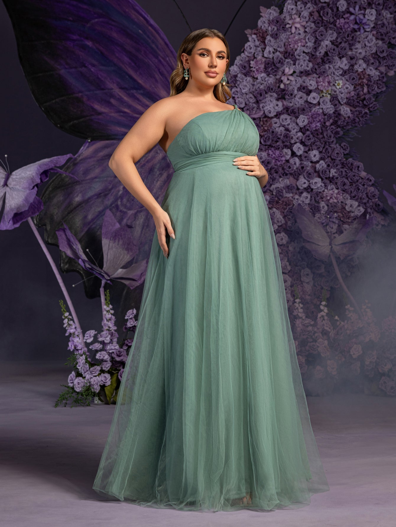 Plus Maternity  Solid One Shoulder Sleeveless Mesh Party Dress