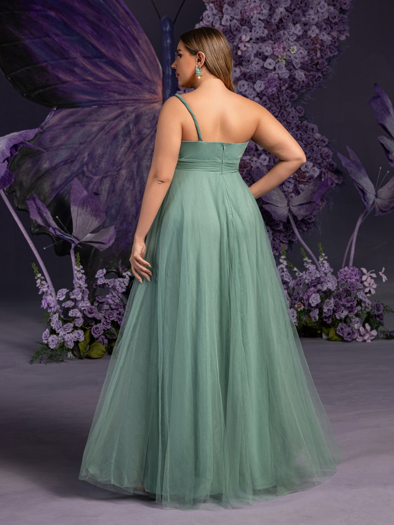 Plus Maternity  Solid One Shoulder Sleeveless Mesh Party Dress