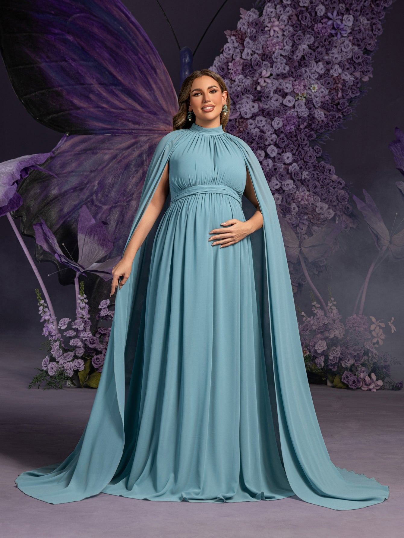 Plus Maternity Mock Neck Cape Sleeves Chiffon Evening Dress Teal Blue / 5XL Plus Maternity Mock Neck Cape Sleeves Chiffon Evening Dress Teal Blue / 5XL