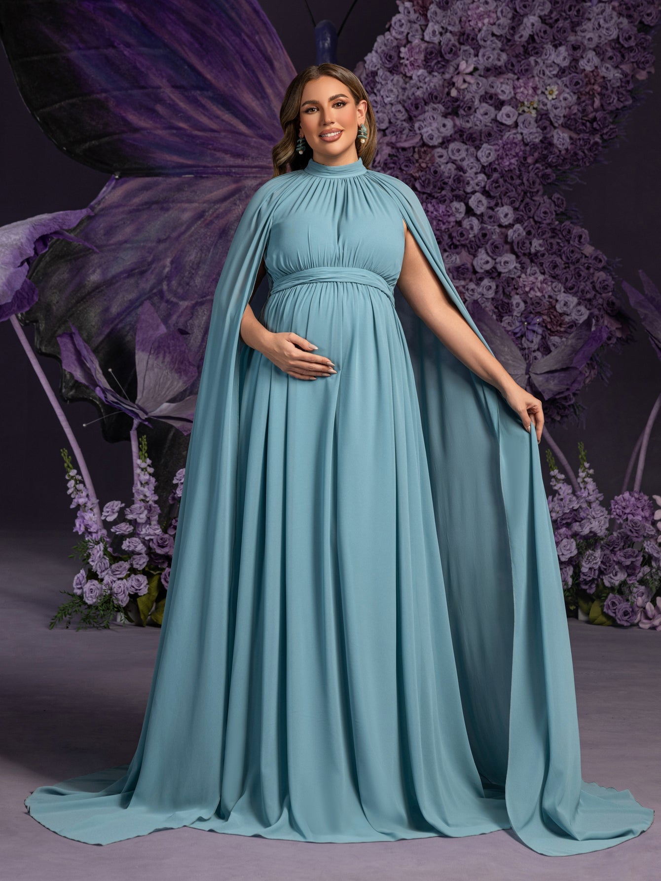 Plus Maternity  Mock Neck Cape Sleeves Chiffon Evening Dress