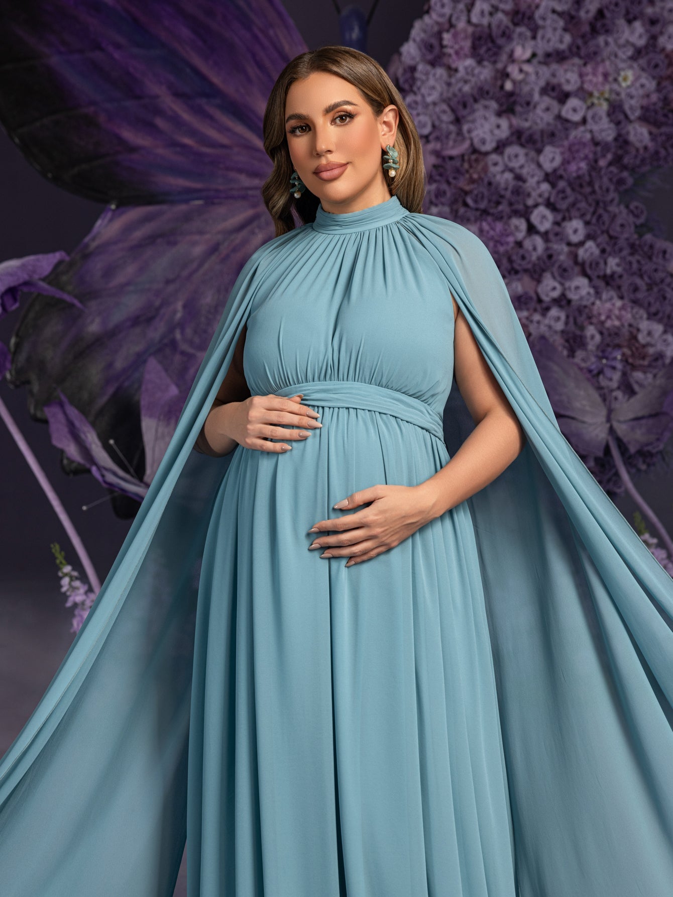 Plus Maternity  Mock Neck Cape Sleeves Chiffon Evening Dress