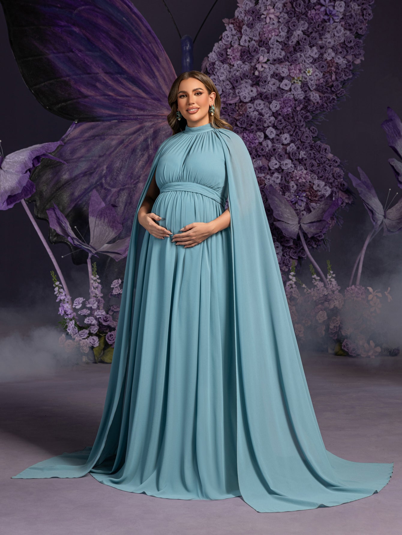 Plus Maternity  Mock Neck Cape Sleeves Chiffon Evening Dress