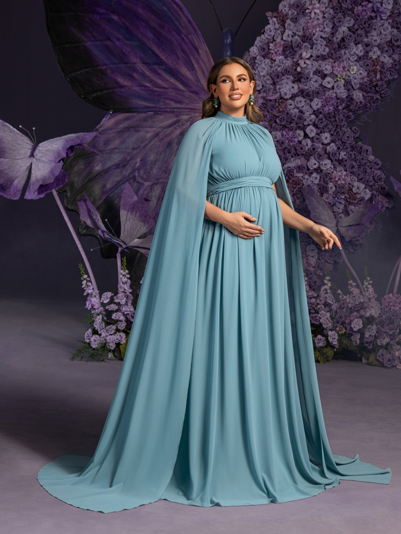 Plus Maternity Mock Neck Cape Sleeves Chiffon Evening Dress Teal Blue / 5XL Plus Maternity Mock Neck Cape Sleeves Chiffon Evening Dress Teal Blue / 5XL