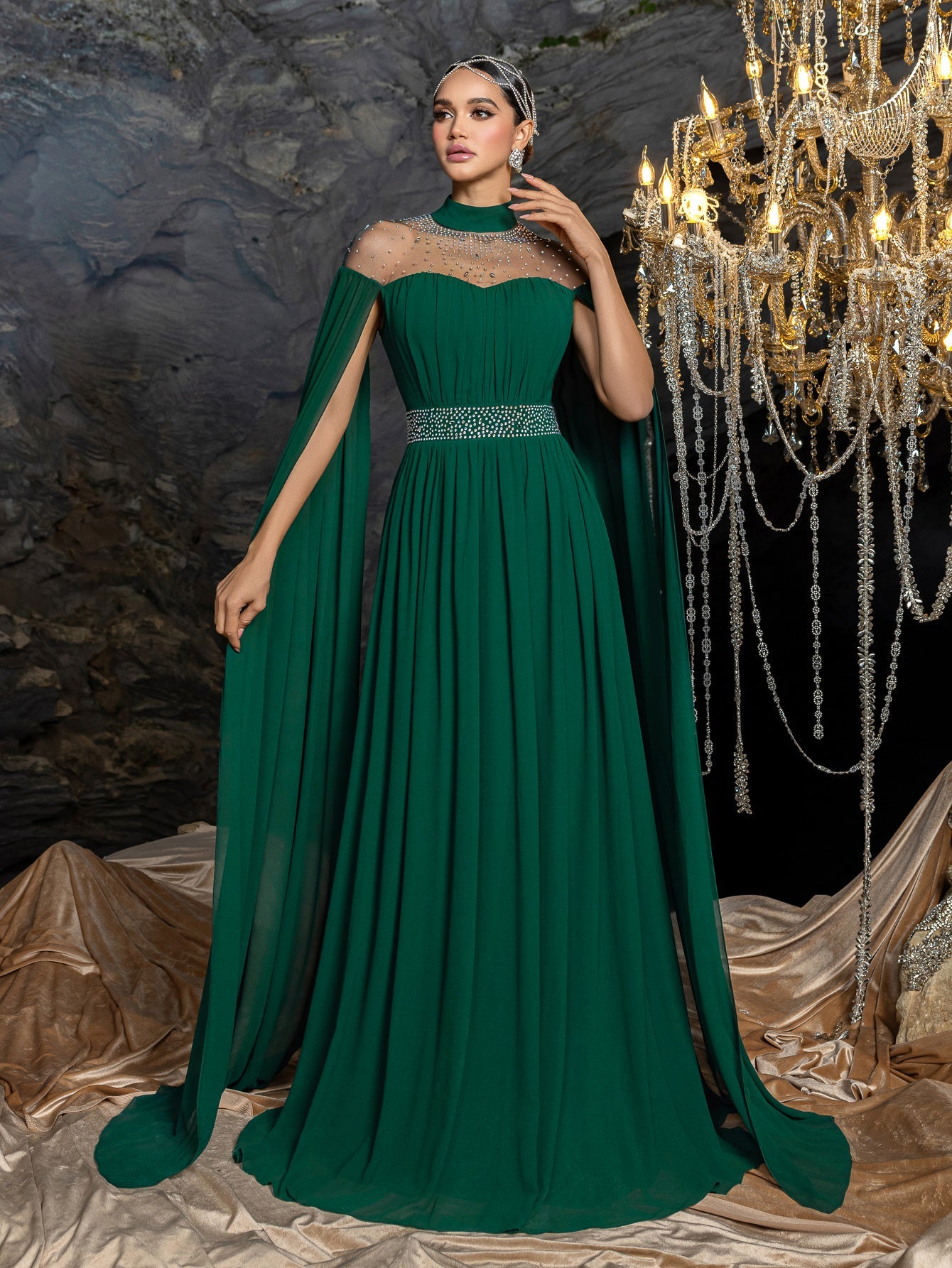 High Neck Chiffon with Rhinestone Details