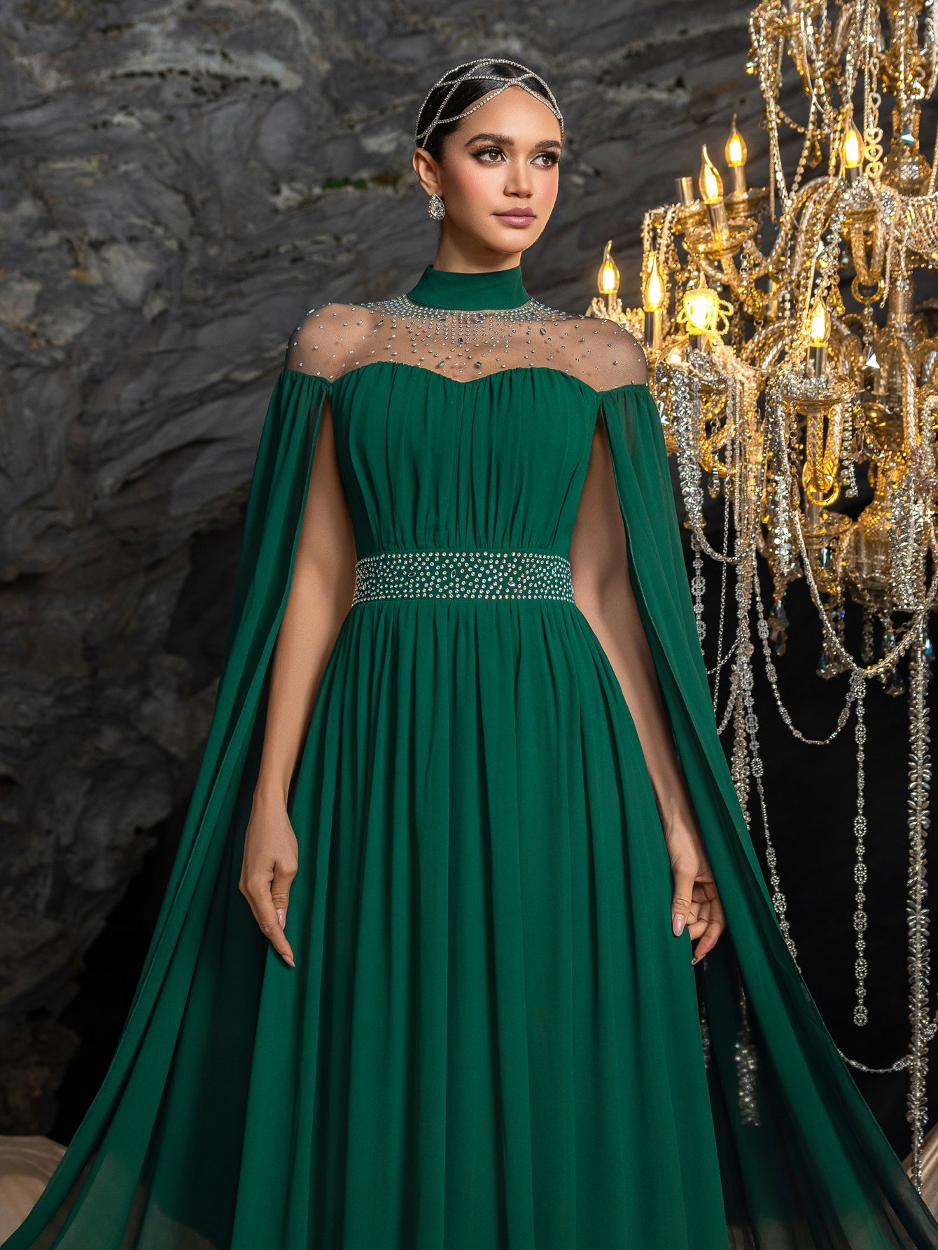 High Neck Chiffon with Rhinestone Details