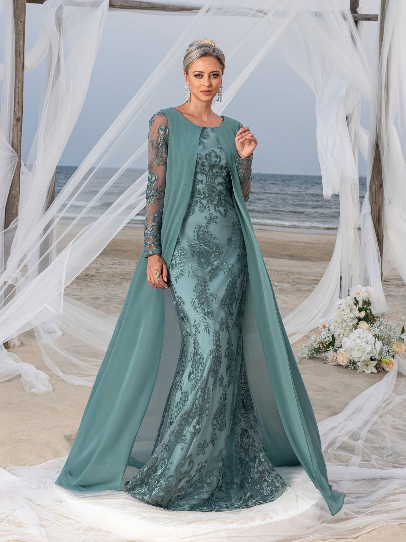 Womens' Elegant Lace Mermaid Gown - Sheer Sleeves & Intricate Lace Patterns with Chiffon Overlay for Beach Weddings, Romantic Coastal Events