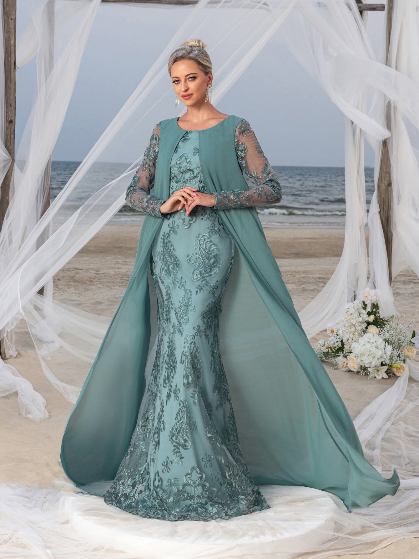 Womens' Elegant Lace Mermaid Gown - Sheer Sleeves & Intricate Lace Patterns with Chiffon Overlay for Beach Weddings, Romantic Coastal Events