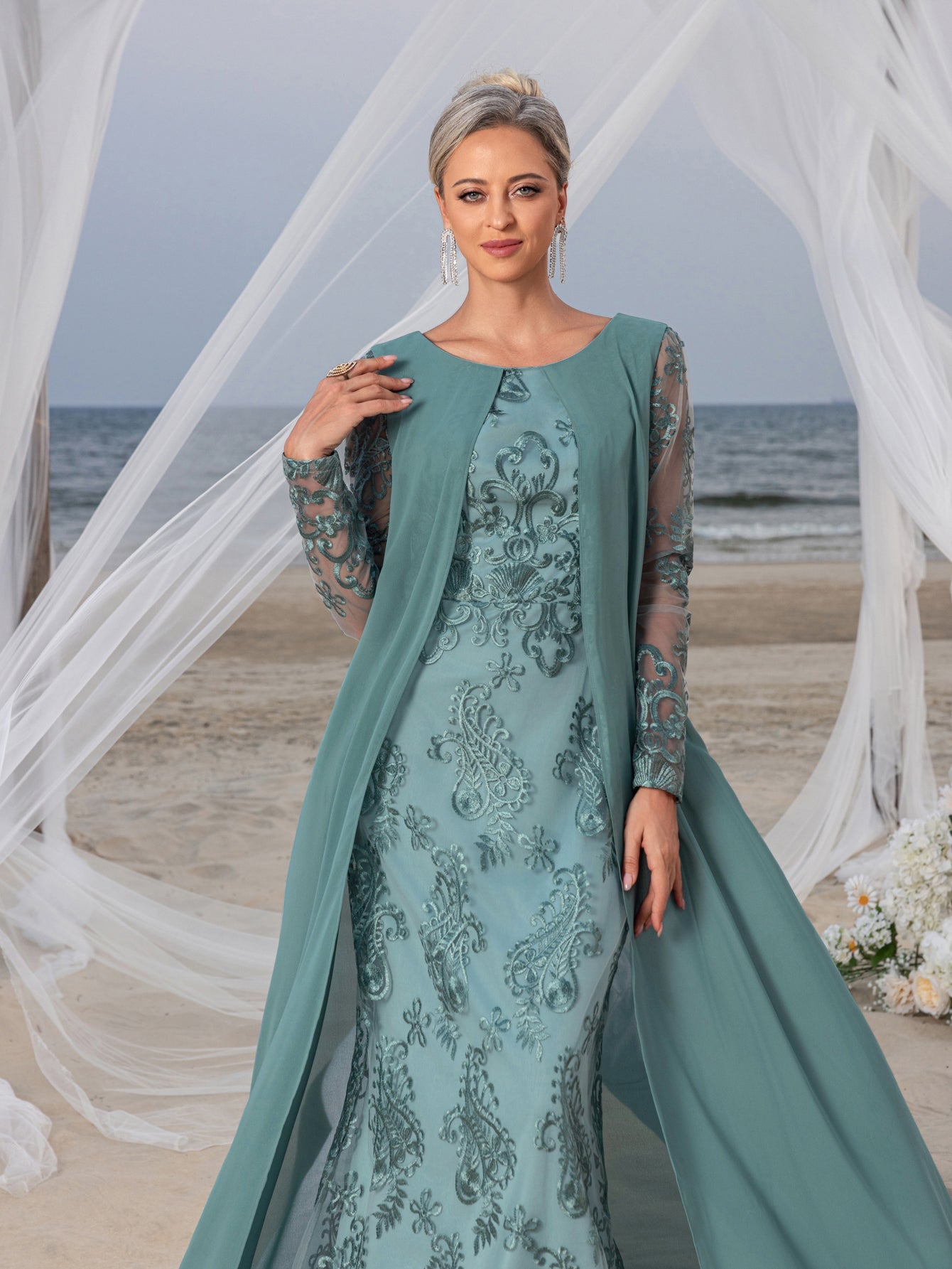 Womens' Elegant Lace Mermaid Gown - Sheer Sleeves & Intricate Lace Patterns with Chiffon Overlay for Beach Weddings, Romantic Coastal Events