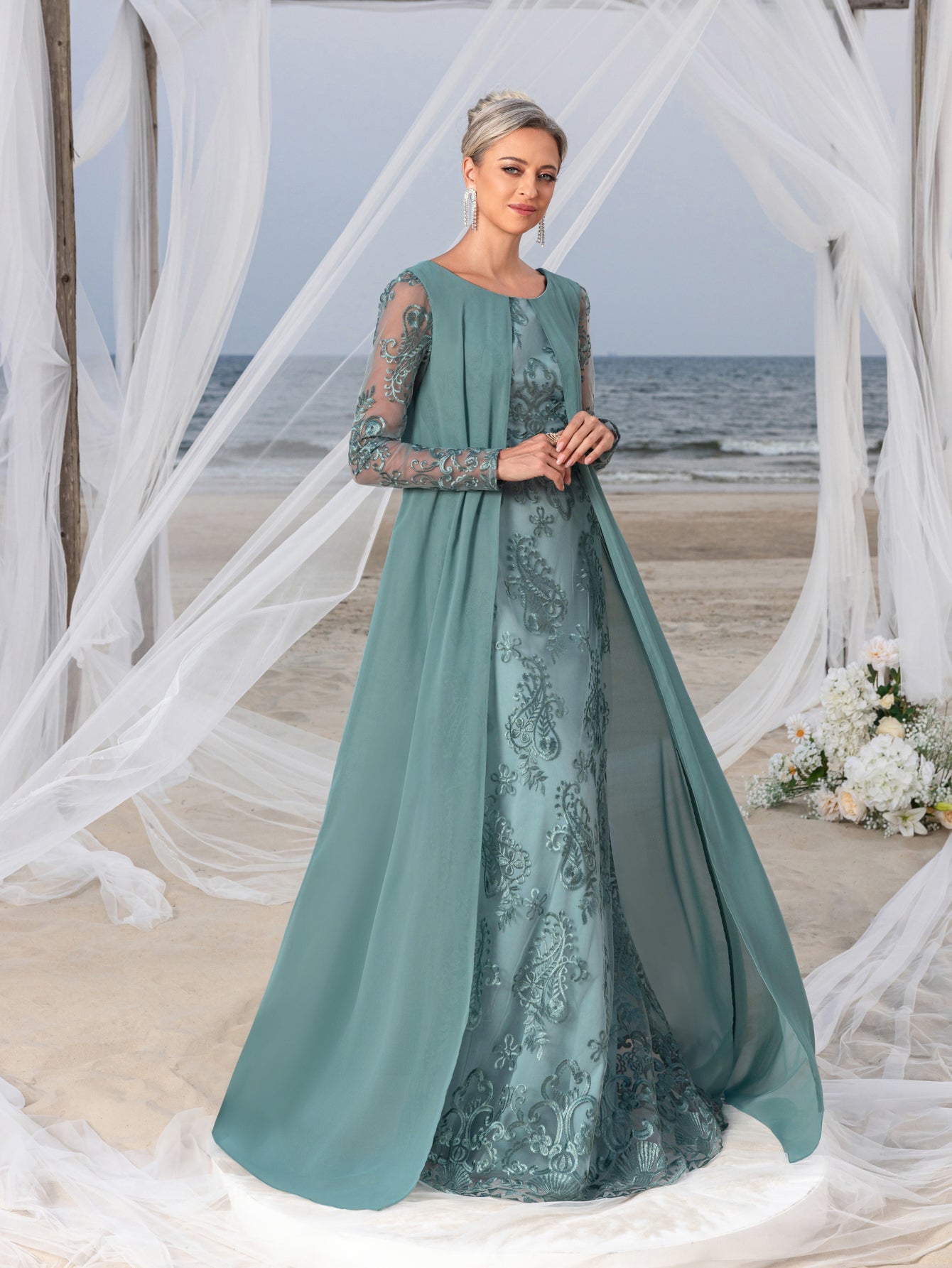 Womens' Elegant Lace Mermaid Gown - Sheer Sleeves & Intricate Lace Patterns with Chiffon Overlay for Beach Weddings, Romantic Coastal Events
