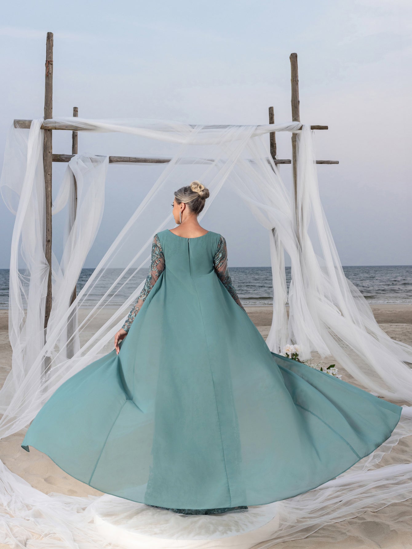 Womens' Elegant Lace Mermaid Gown - Sheer Sleeves & Intricate Lace Patterns with Chiffon Overlay for Beach Weddings, Romantic Coastal Events