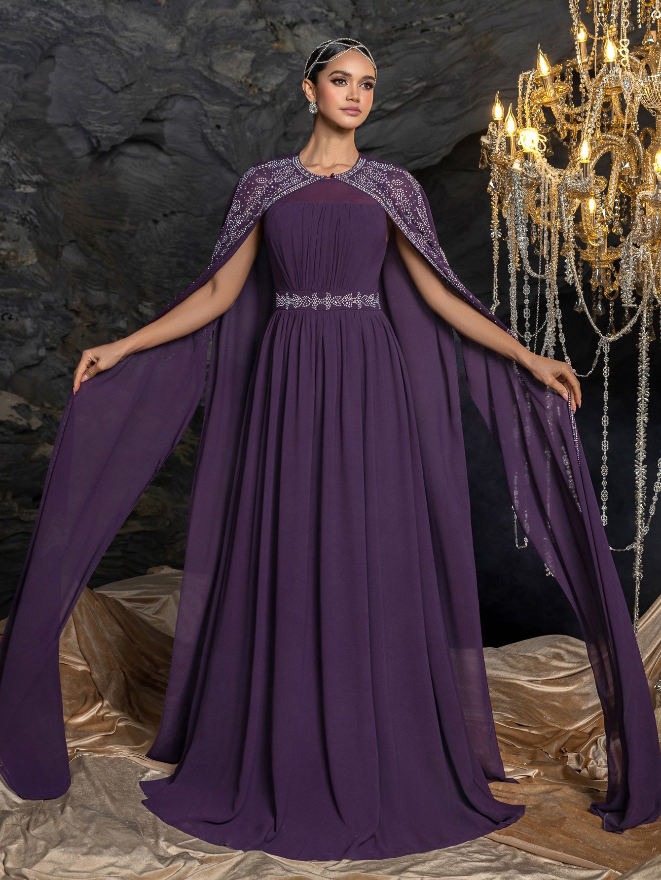 Rhinestone Cape Sleeves & A-Line Skirt with Cathedral Train