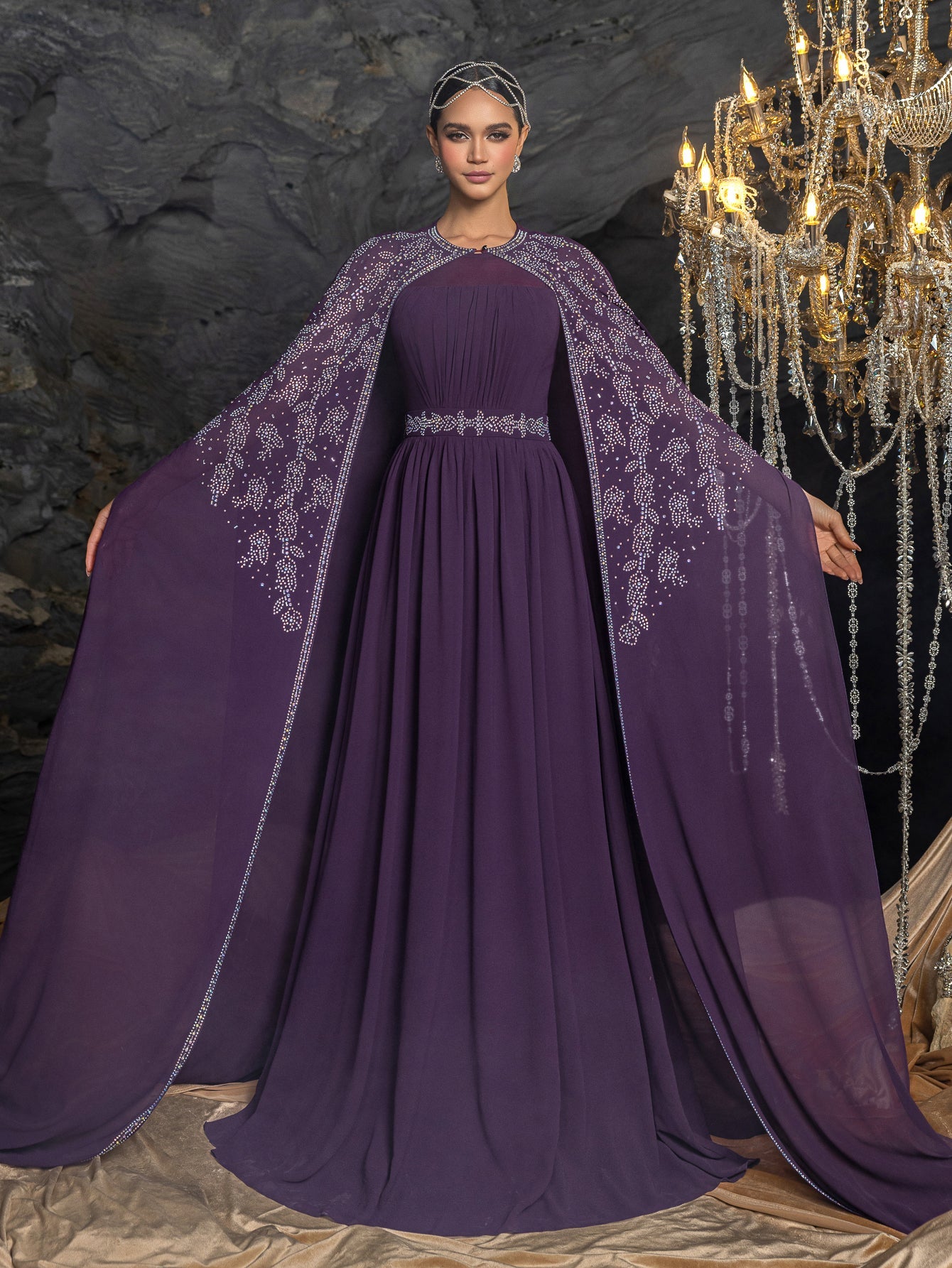 Rhinestone Cape Sleeves & A-Line Skirt with Cathedral Train