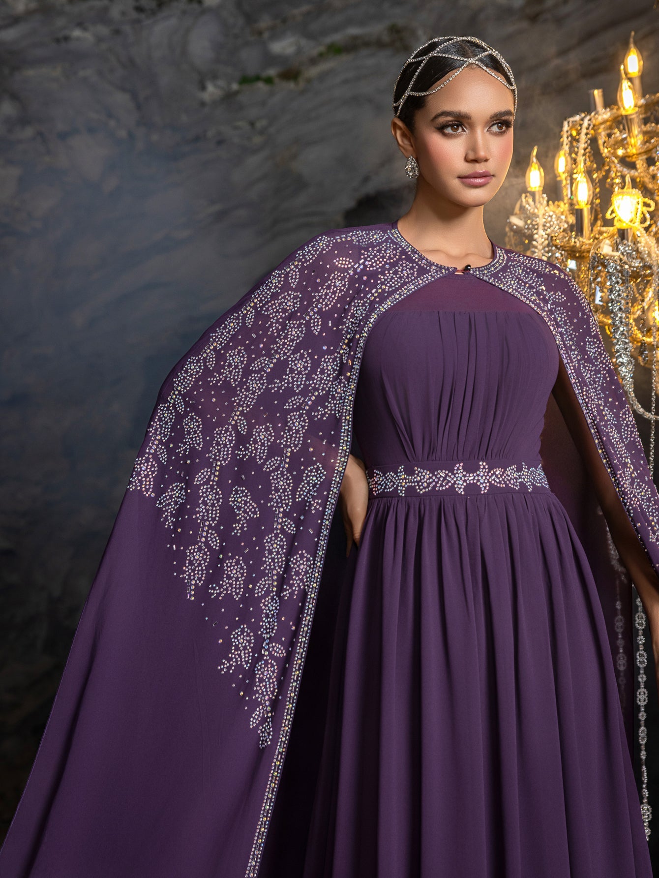 Rhinestone Cape Sleeves & A-Line Skirt with Cathedral Train