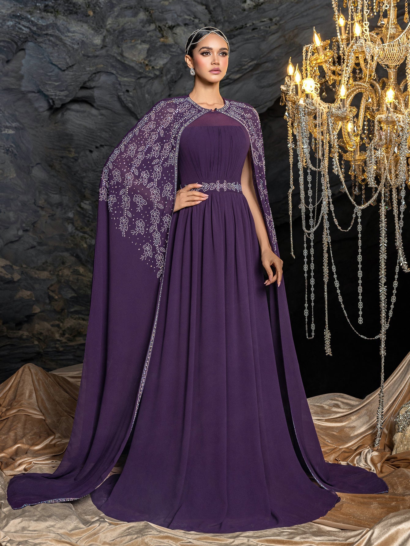 Rhinestone Cape Sleeves & A-Line Skirt with Cathedral Train