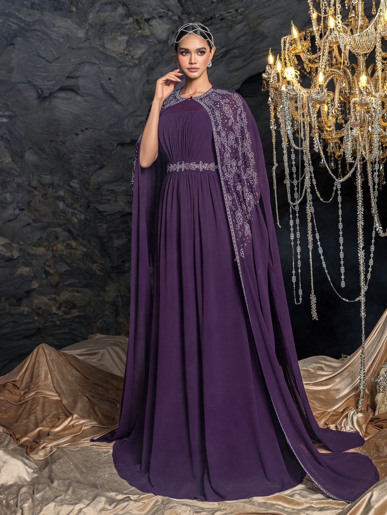 Rhinestone Cape Sleeves & A-Line Skirt with Cathedral Train