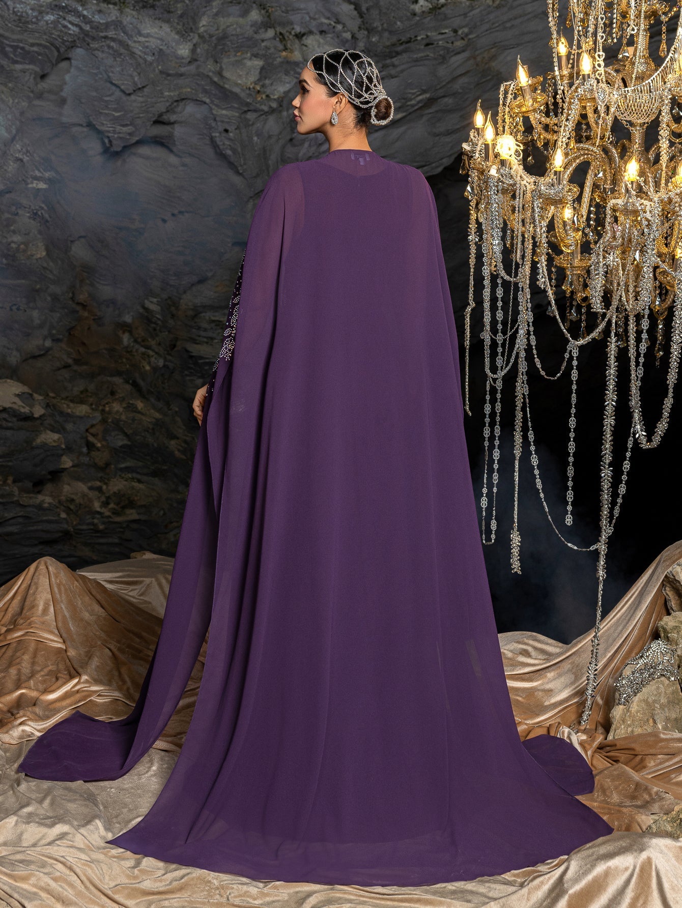 Rhinestone Cape Sleeves & A-Line Skirt with Cathedral Train