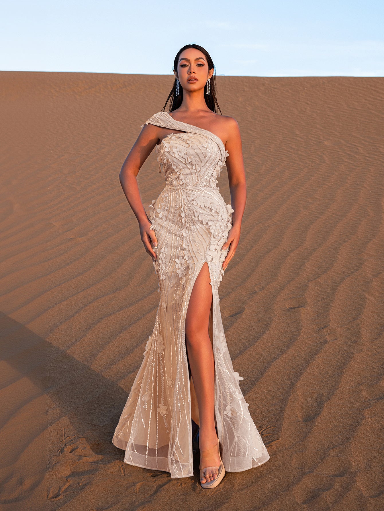 Gorgeous One-Shoulder Beaded Mermaid Gown with Floral Appliqué – Embe Blue Ashes / L Gorgeous One-Shoulder Beaded Mermaid Gown with Floral Appliqué – Embe Blue Ashes / L