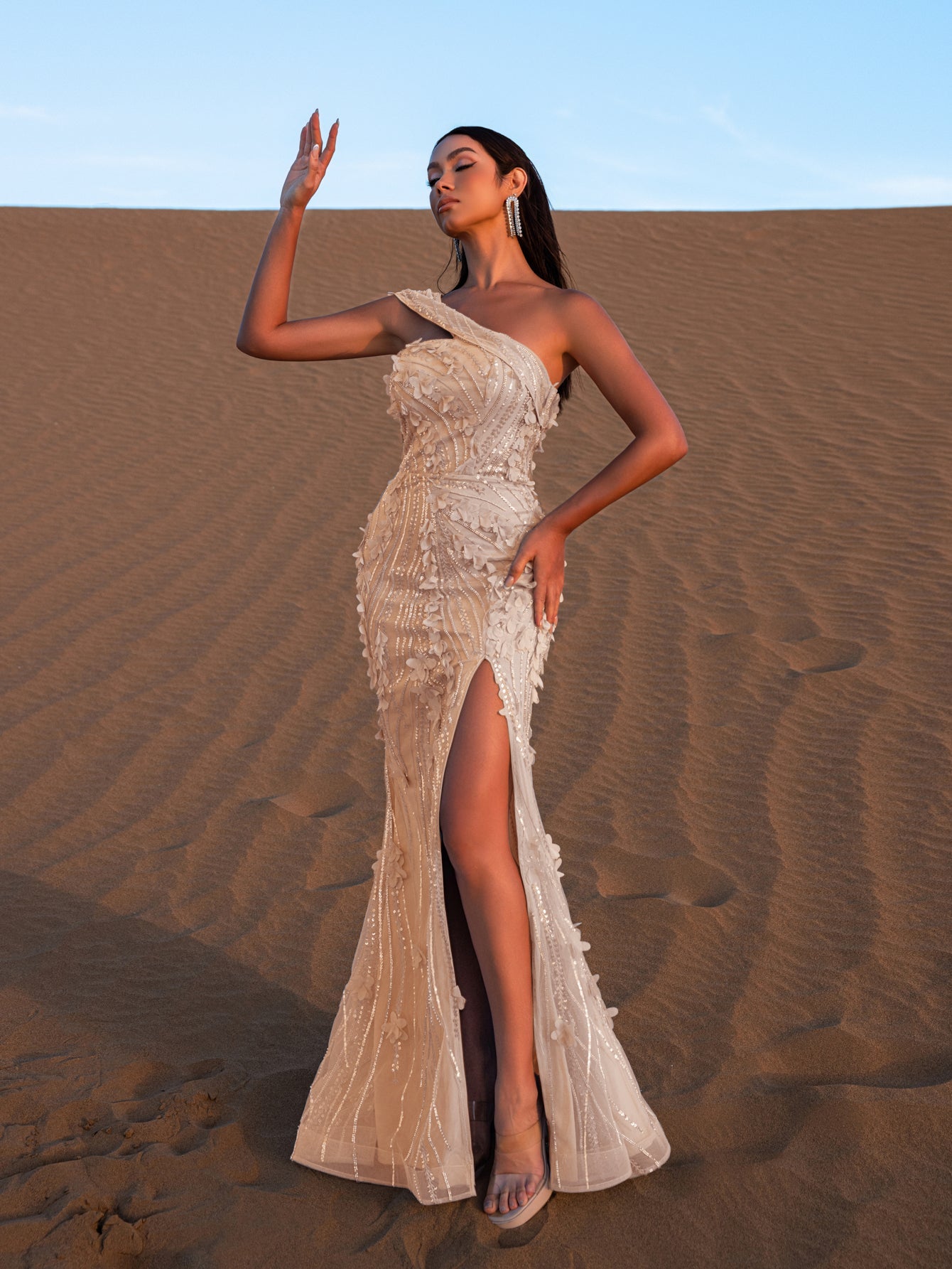 one shoulder beaded dress Gorgeous One-Shoulder Beaded Mermaid Gown with Floral Appliqué – Embe Blue Ashes / L