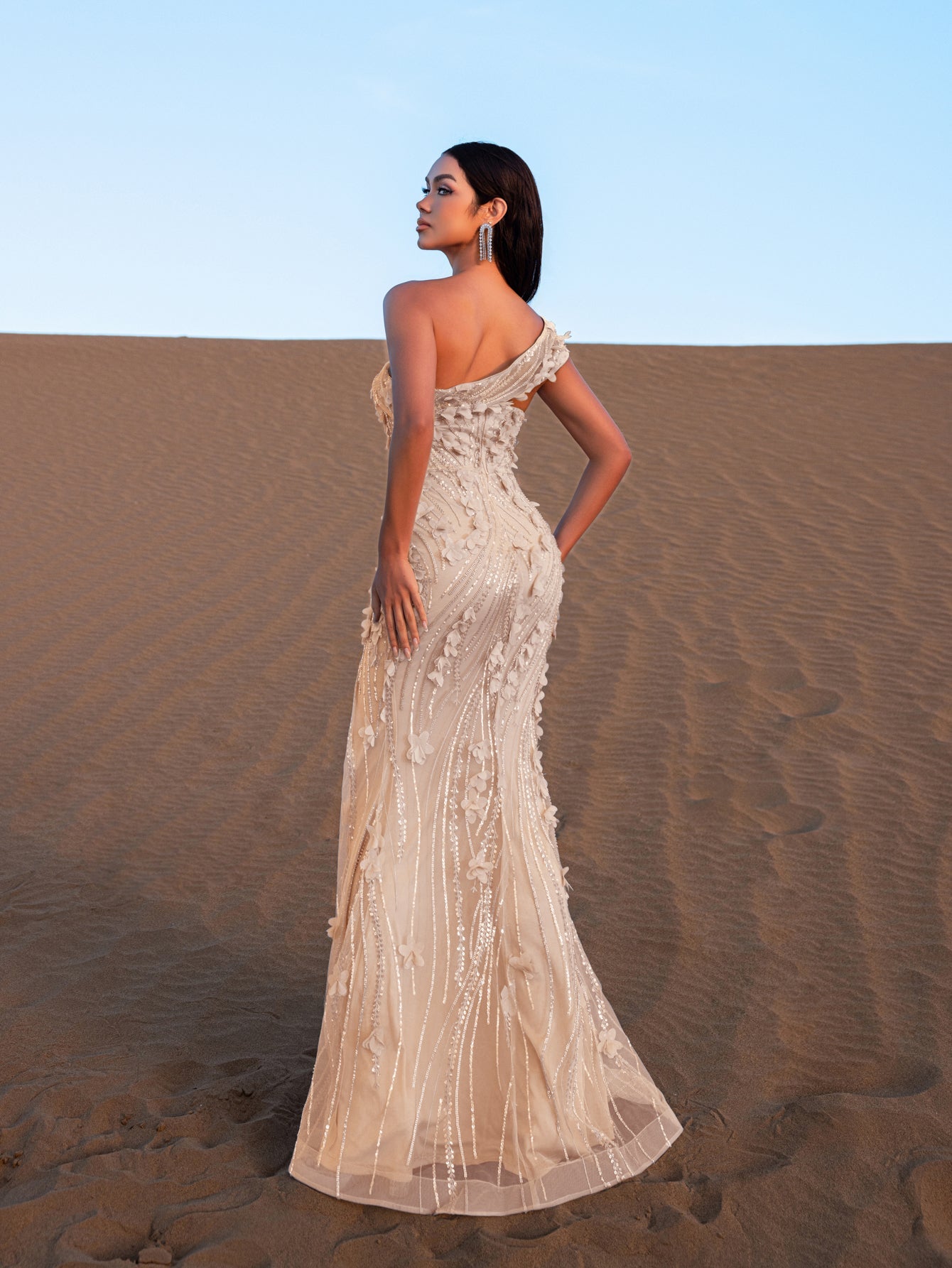 Gorgeous One-Shoulder Beaded Mermaid Gown with Floral Appliqu Embe Blue Ashes / L Gorgeous One-Shoulder Beaded Mermaid Gown with Floral Appliqu Embe Blue Ashes / L