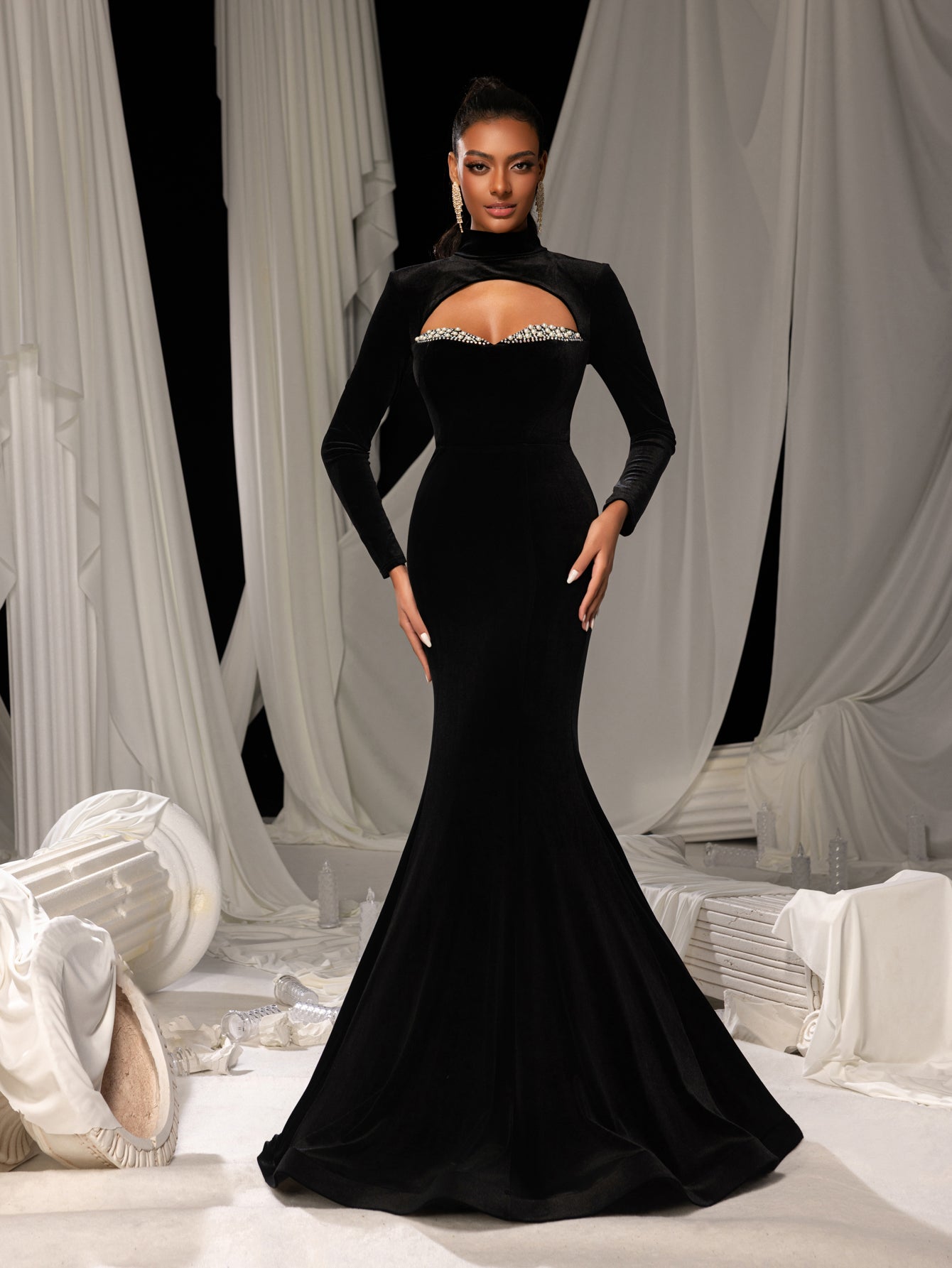 Elegant Velvet High-Neck Mermaid Gown with Chest Cutout, Rhinestone Accents & Floor-Length Train