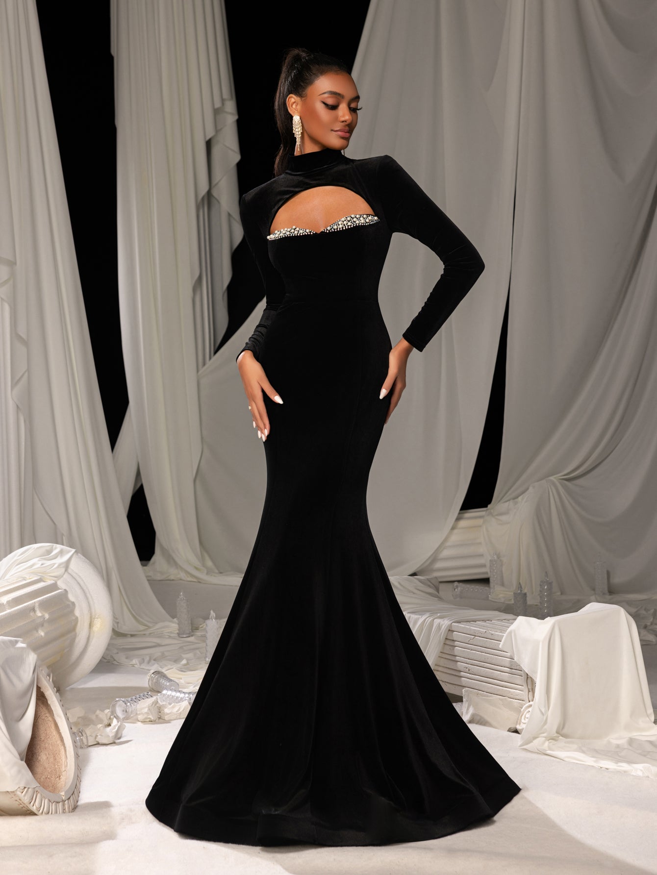 Elegant Velvet High-Neck Mermaid Gown with Chest Cutout, Rhinestone Accents & Floor-Length Train