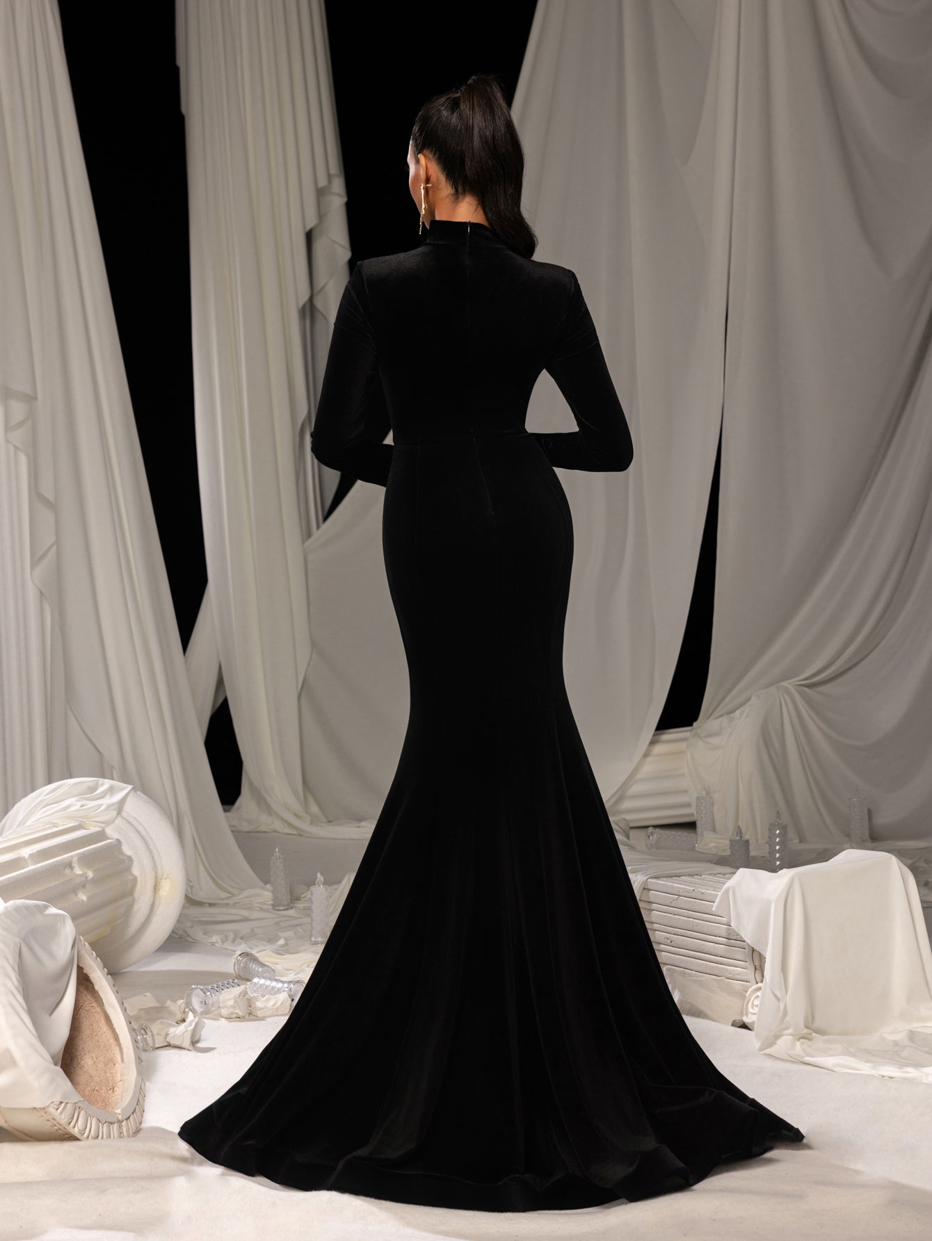 Elegant Velvet High-Neck Mermaid Gown with Chest Cutout, Rhinestone Accents & Floor-Length Train
