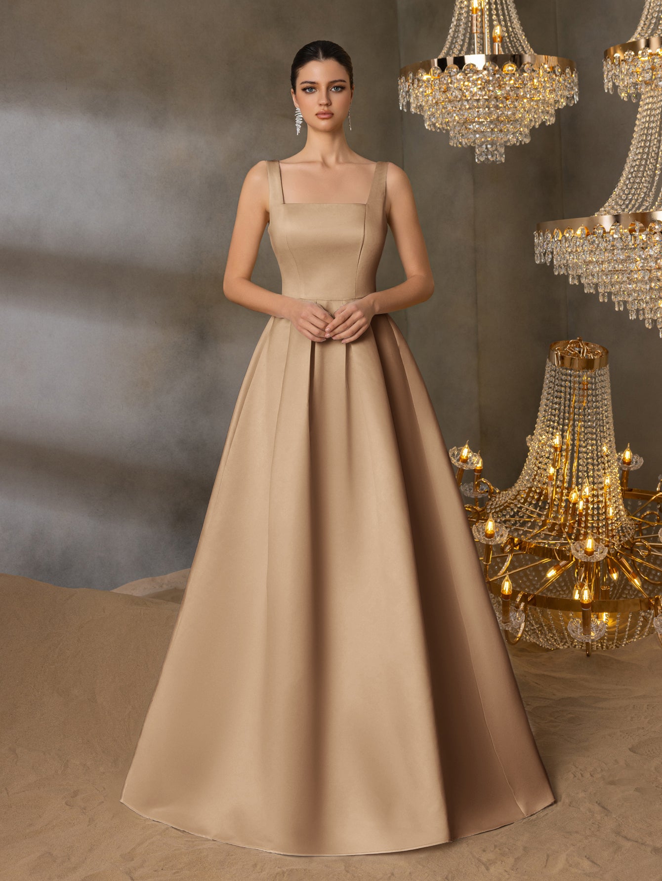 Square Neck Back Lace Up Satin A Line Dresses