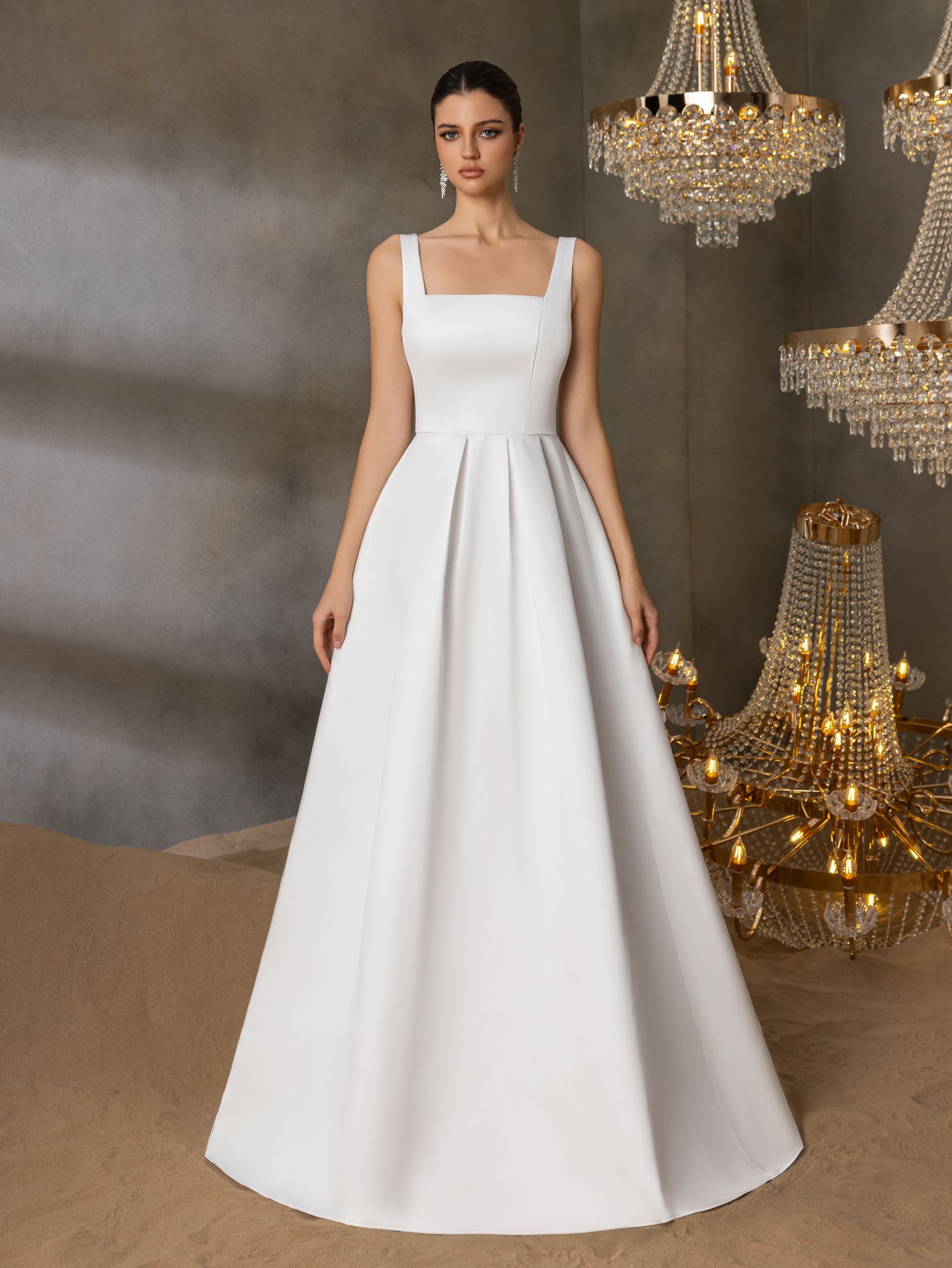 Square Neck Back Lace Up Satin A Line Dresses Champagne / XS Square Neck Back Lace Up Satin A Line Dresses Champagne / XS