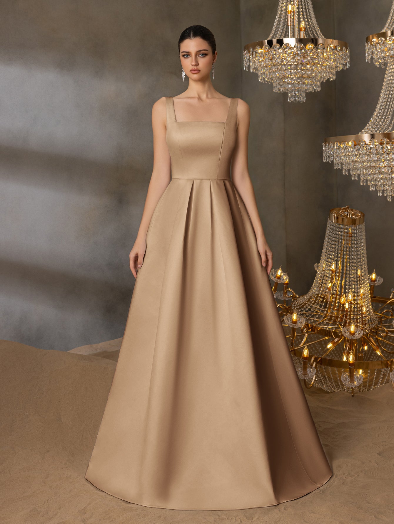 Square Neck Back Lace Up Satin A Line Dresses