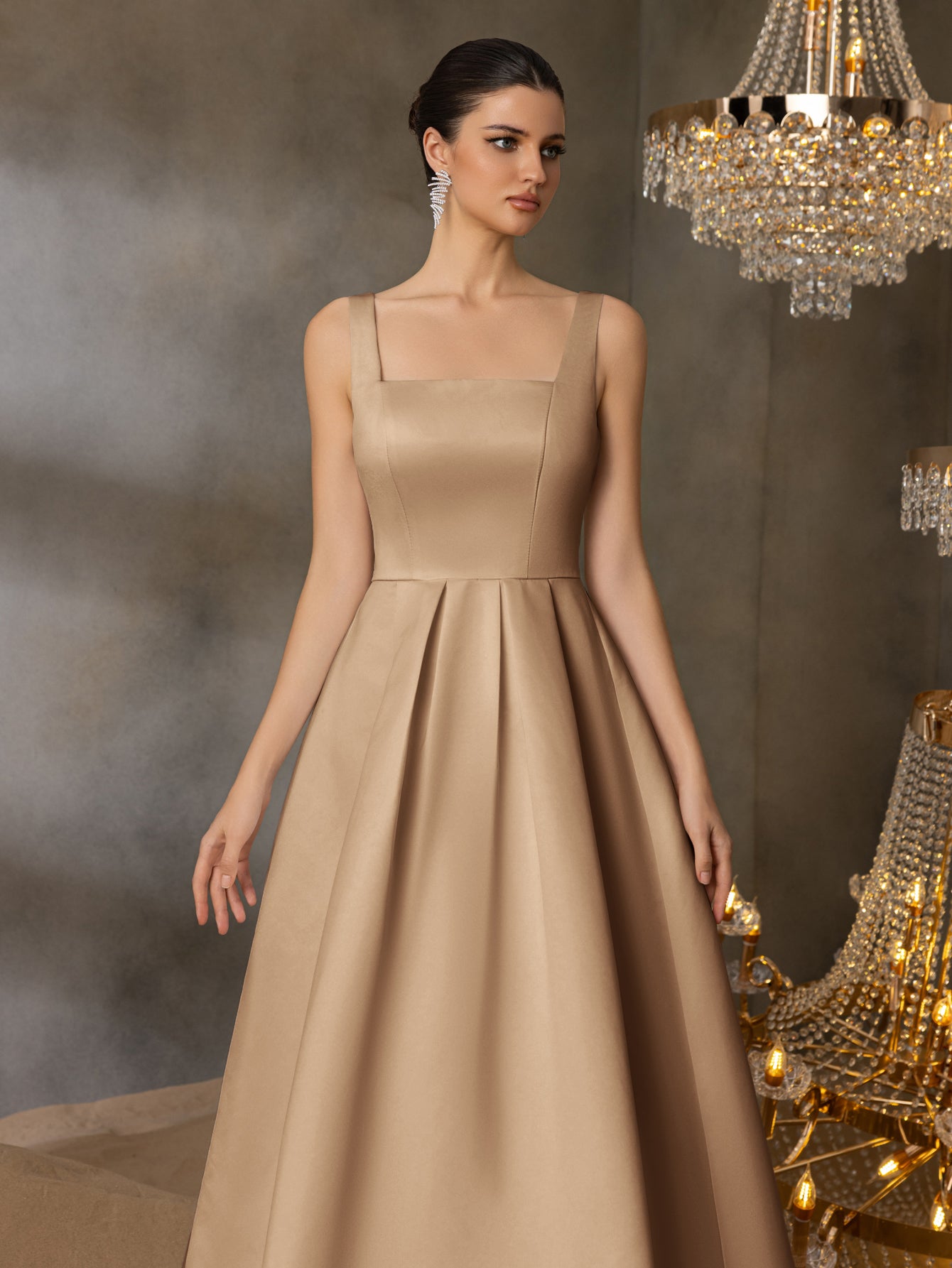 Square Neck Back Lace Up Satin A Line Dresses