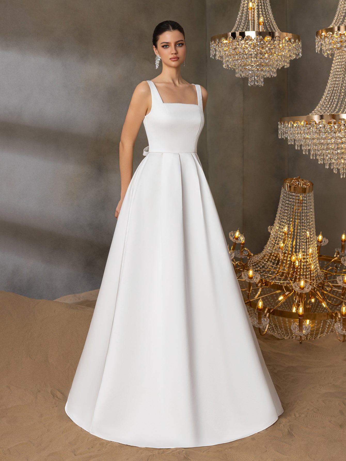 Square Neck Back Lace Up Satin A Line Dresses