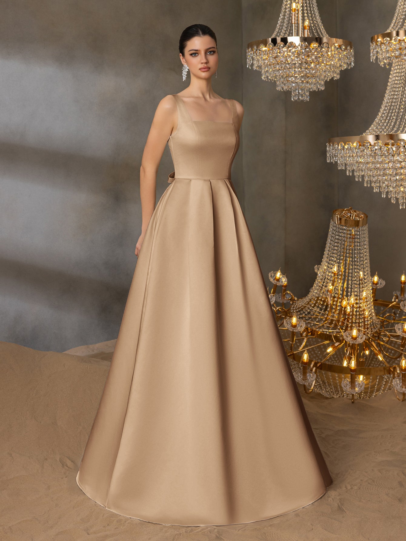 Square Neck Back Lace Up Satin A Line Dresses