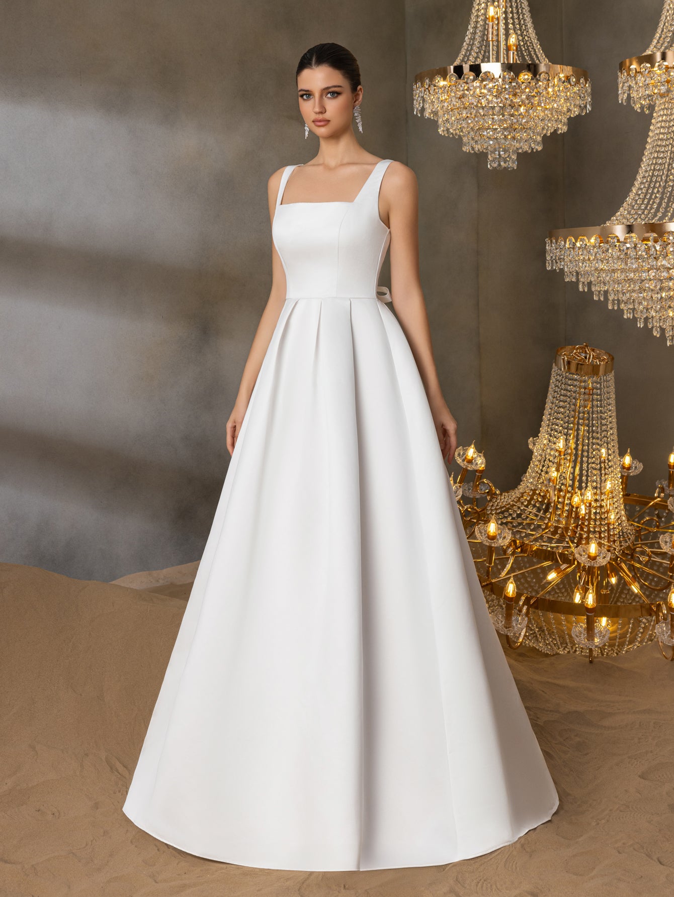 Square Neck Back Lace Up Satin A Line Dresses