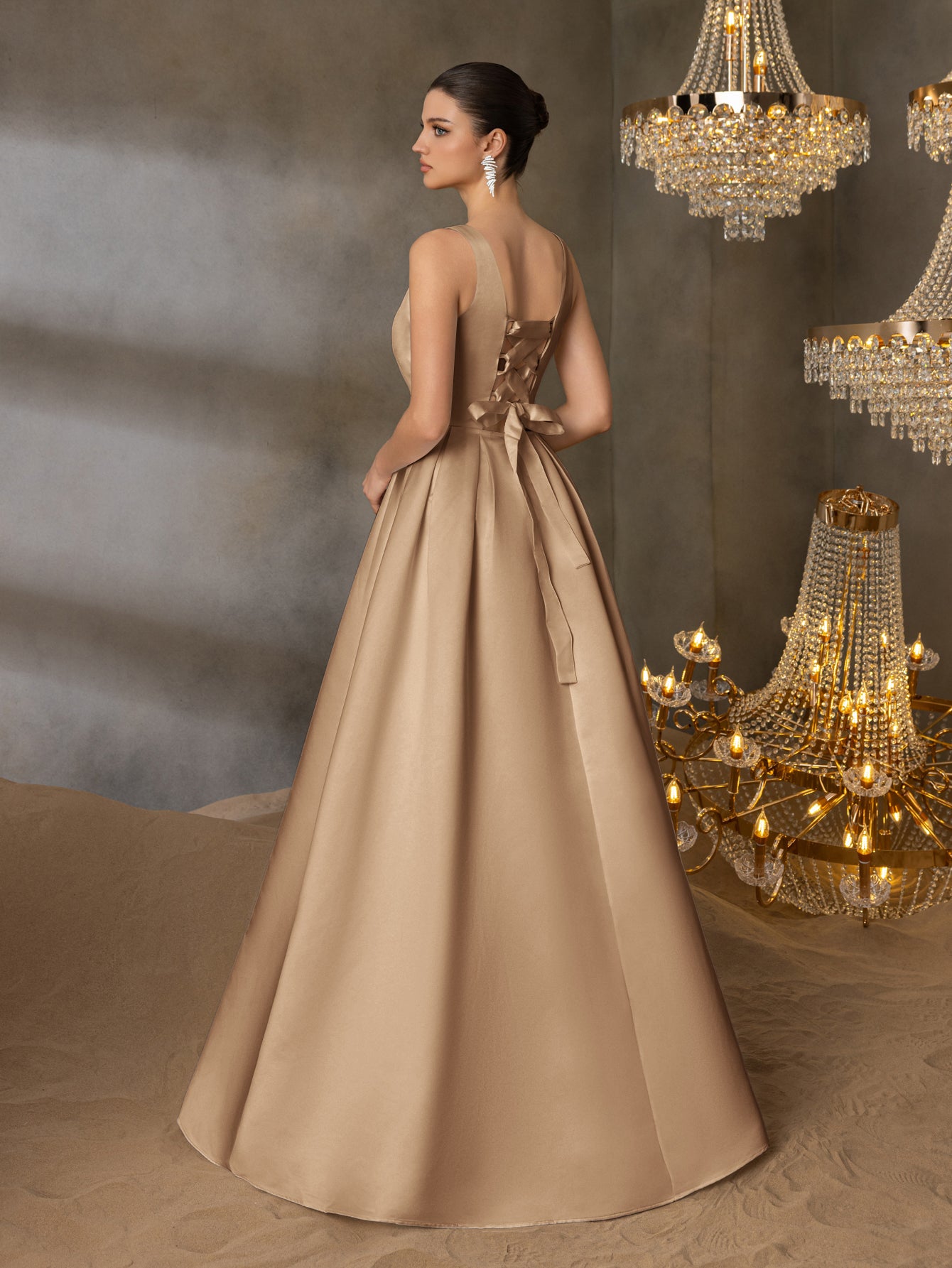 Square Neck Back Lace Up Satin A Line Dresses Champagne / XS Square Neck Back Lace Up Satin A Line Dresses Champagne / XS