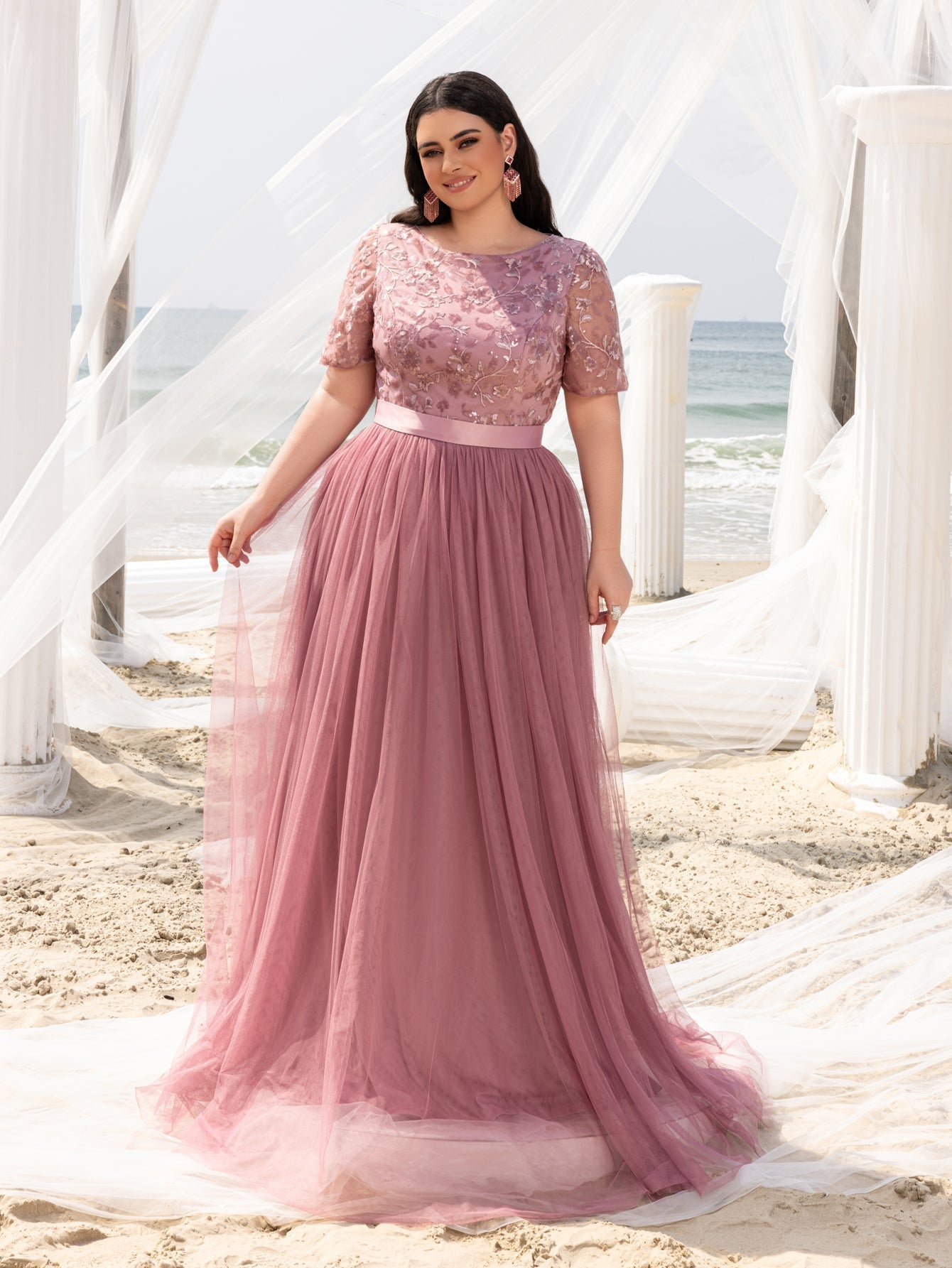 Plus-size Boat Neck Gown with Floral Sequin Embroidered Bodice & Tull Mauve / 4XL Plus-size Boat Neck Gown with Floral Sequin Embroidered Bodice & Tull Mauve / 4XL