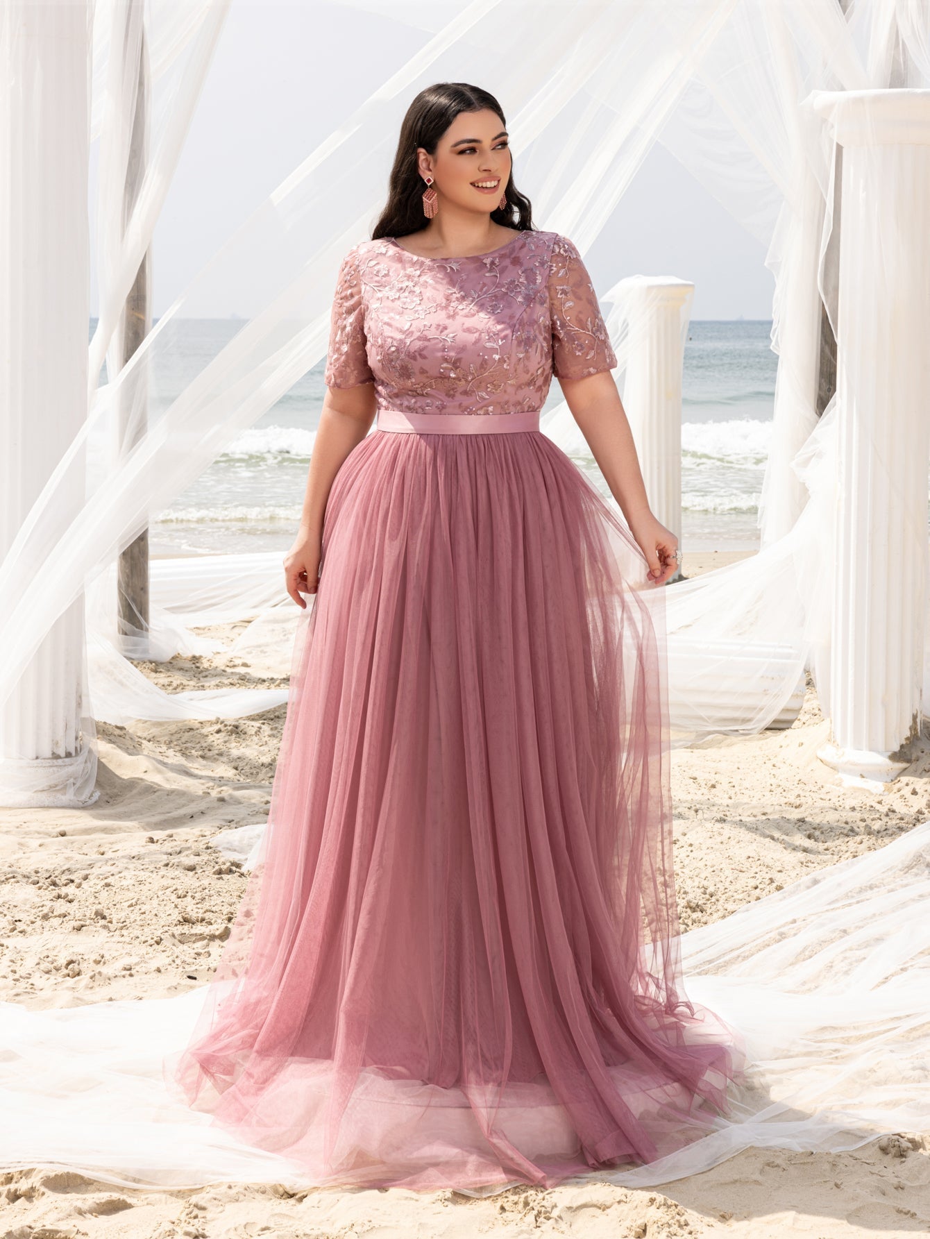 Plus-size Boat Neck Gown with Floral Sequin Embroidered Bodice & Tulle Skirt