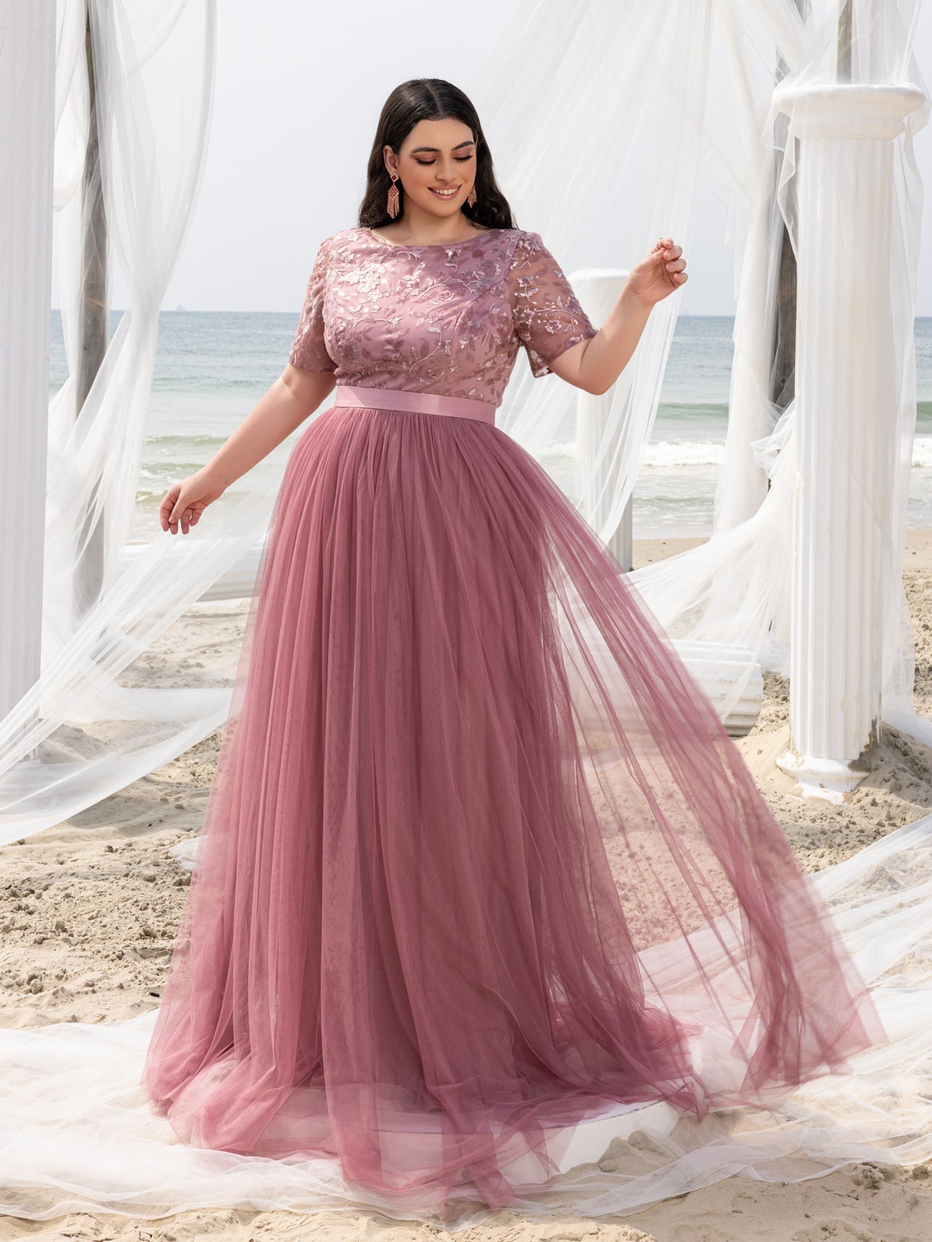 Plus-size Boat Neck Gown with Floral Sequin Embroidered Bodice & Tulle Skirt