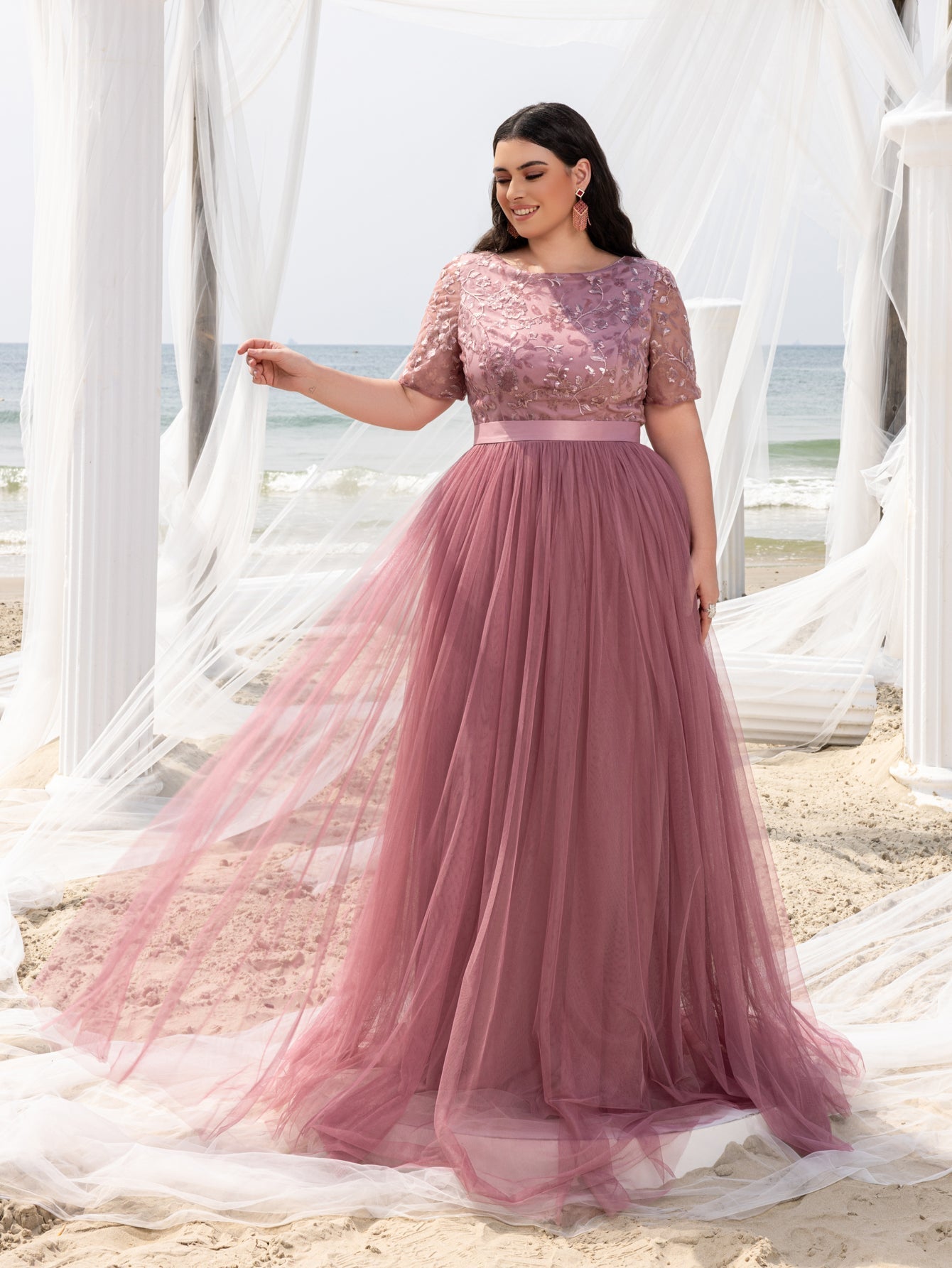 Plus-size Boat Neck Gown with Floral Sequin Embroidered Bodice & Tulle Skirt
