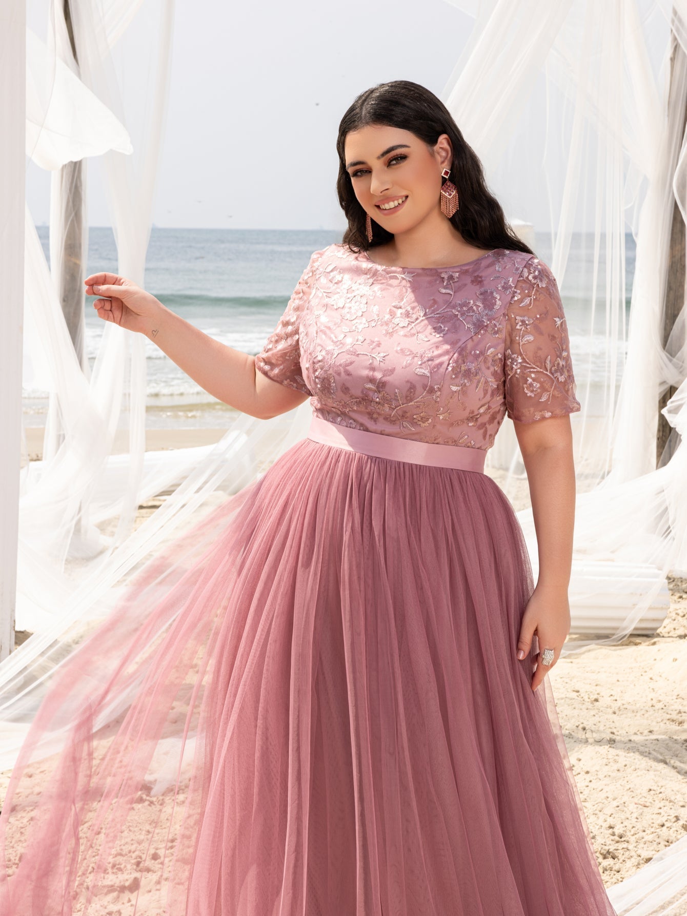 Plus-size Boat Neck Gown with Floral Sequin Embroidered Bodice & Tulle Skirt