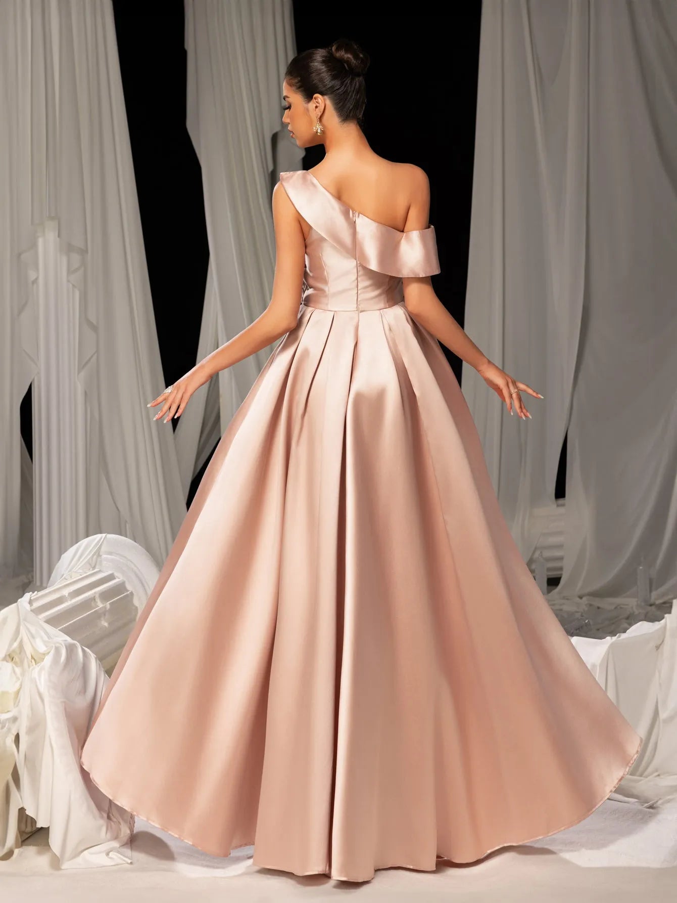 Elegant Sloping Neck Split A-line Satin Formal Prom Dress, Nude / M Elegant Sloping Neck Split A-line Satin Formal Prom Dress, Nude / M