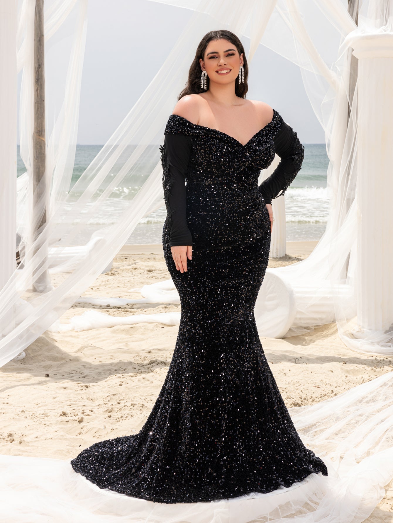 Plus Gorgeous Off Shoulder Mermaid Hem Sequin Evening Dress